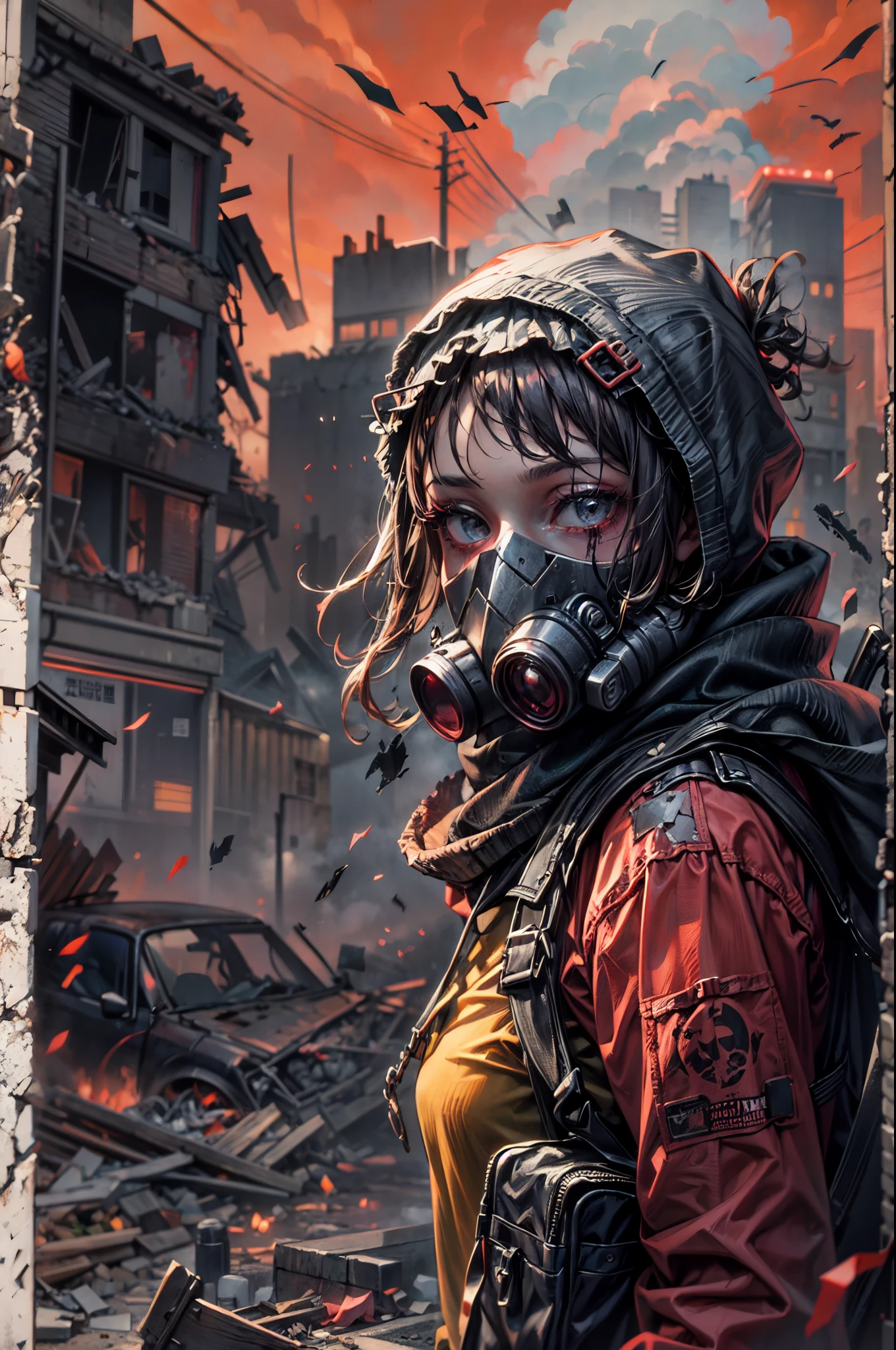 masterpiece, best quality, high resolution, rich details, 8k, extreme light and shadow, image of a beautiful young girl wearing tactical gear, holding a AK47 with two hand, walking down a desolated street in a collapsed city, post apocalypse, smoke and fog in the air, BREAK yellow gray sky covered with toxic cloud, collapsed building, broken street, tall body, detailed face, detailed eye, cold face, dirty, (post apocalypse theme),