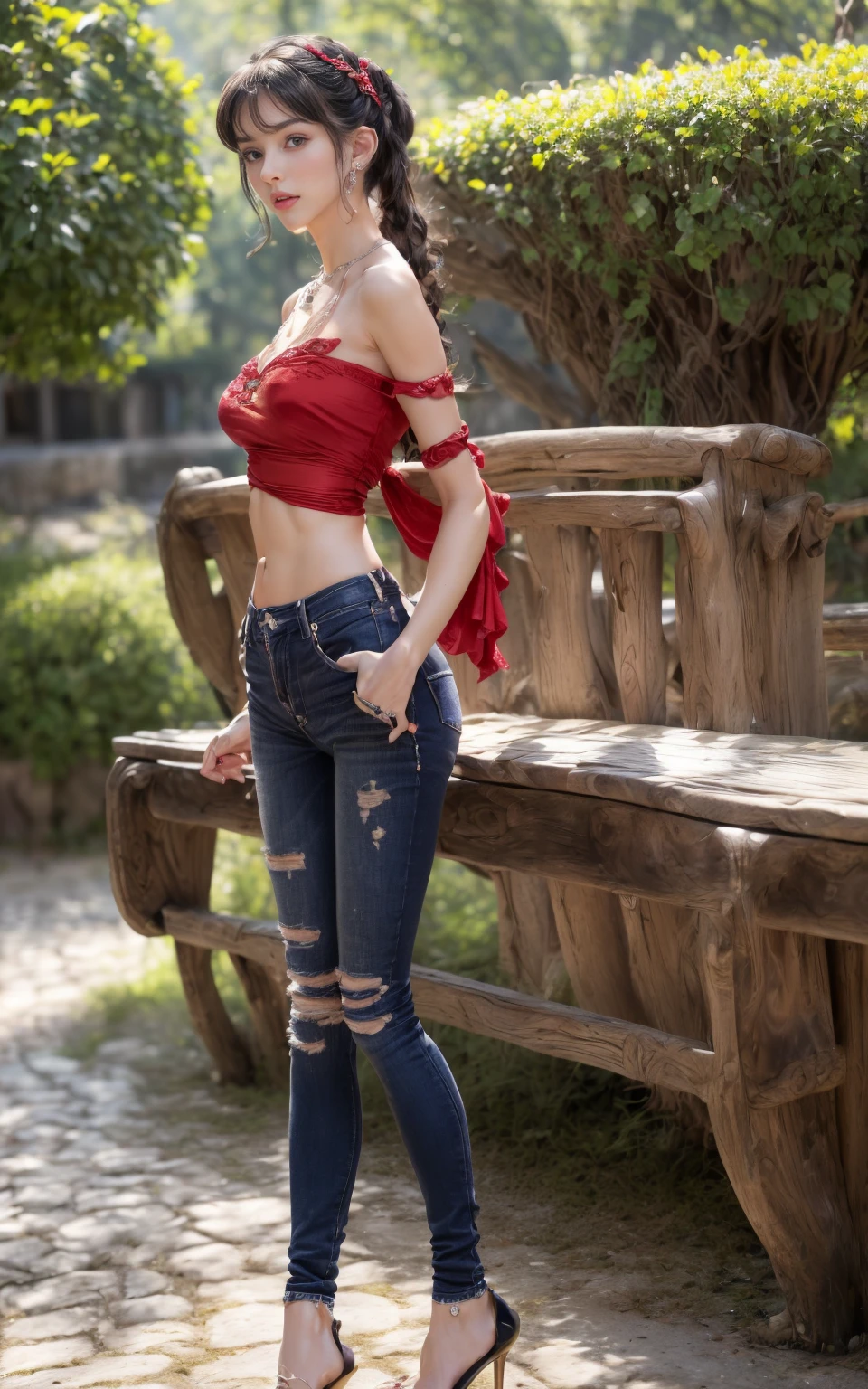 (8K, Masterpiece, RAW photo, Best quality, detail:1.3), (ultra realistic Natural background, scenary:1.5), Depth of field, Cinematic light, (ultra realistic face), (1 picture of 1 solo girl Airim Jones:1.6), 1girl, (Beautiful and elegant Russian girl), (skinny girl with glasses), (European face:1.3), (perfect complete full body:1.6), (full body shot including shoes:1.6), (perfect [frontal view|side profile|back profile]:1.5), (small necklace, collarbone:1.1), ( [bangs|pigtails|bob|pixie] hair:1.5), (ultra detailed skin:1.4), (sexy red minitop:1.5), (soft fabric miniTop:1.5), (Ripped Jeans:1.6), (perfect standing pose:1.5), (perfect long legs:1.35), (low rise jeans:1.5), (low waisted jeans:1.5), (perfect shoes:1.5), (perfect feet:1.5), (perfect oriented feet:1.4)