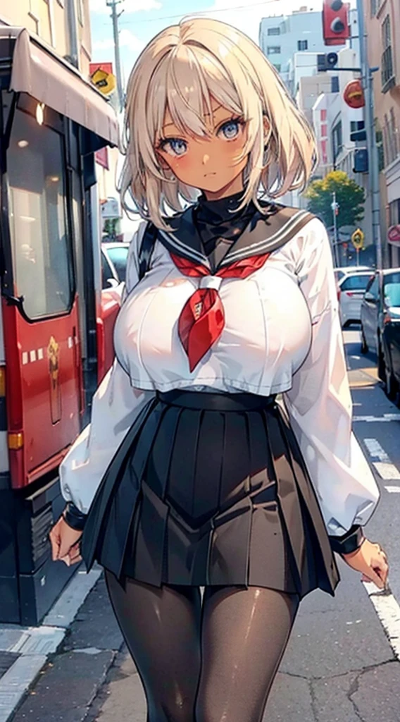 Anime Girl 、((skin tanned:1.8))、Full Shot, ultra-detailliert, Beautiful, masutepiece, Best Quality, detailed beautiful round eyes, beautiful and detailed face, a blond、Long, (Huge breasts,Narrow waist:1.5), Young Woman, ((despise))、((a sailor suit)),((Black tights))、(((pleatedskirt))), Perfect face, perfect slender body, Slender body、Street, Gray eyes、(Show your legs)、(looking through legs),((Solo / Solo Focueauty legs,BREAK((pantyhose))BREAK((side shot))