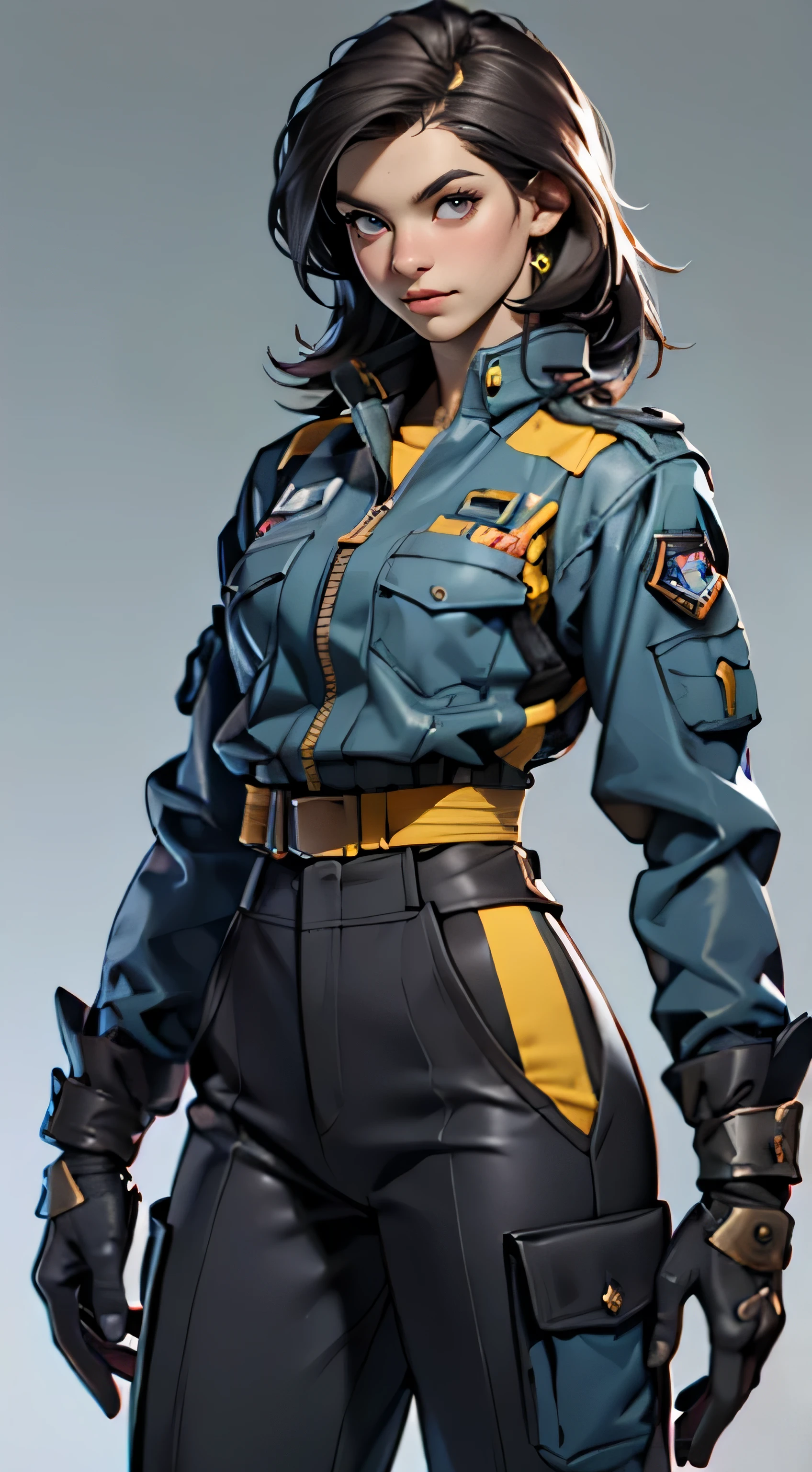 11:23(((Best quality at best: 1.4))),(Unbeatable masterpiece), (hyper HD),(Hyper-realistic 8k CG)、(dark colored hair) ((( body))), (((1 girl in))), 25-year-old American soldier with perfect body,,Beautiful and well-groomed face,muscular body:1.2,Solid royal blue jacket with details, (Pictures from head to thighs), Complex equipment, royal blue,long trousers,The clothes inside are dark,Clothes with armored metal electronic parts, )