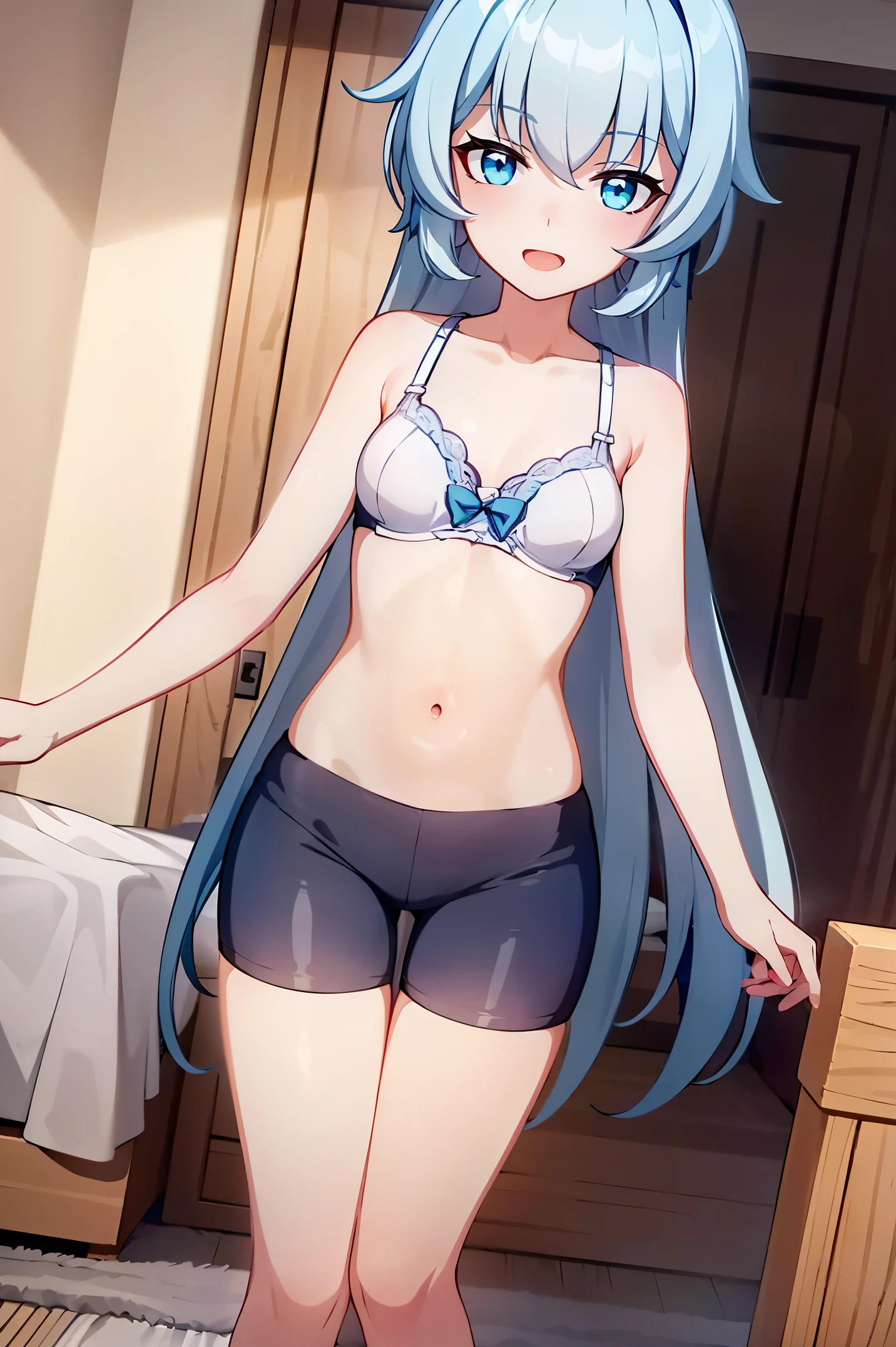 1 girl, best quality, ultra high res, long hair, blue hair, blue eyes, shigure kira, looking at viewers, small breast, standing, pov, slim body, body, small body, short body, smile, open mouth, bra, white bra, bike shorts, bedroom, white bed sheets,