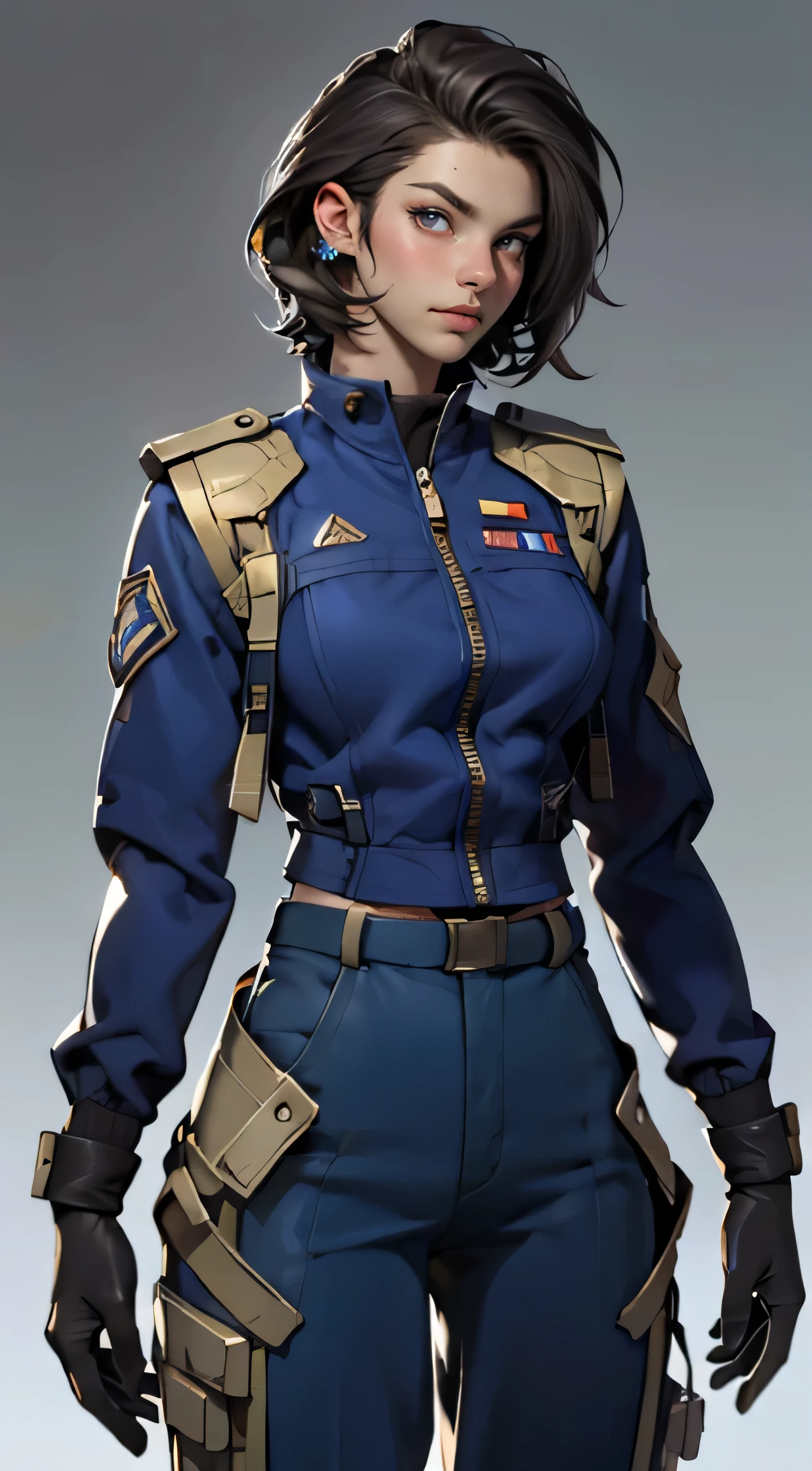 11:23(((Best quality at best: 1.4))),(Unbeatable masterpiece), (hyper HD),(Hyper-realistic 8k CG)、(dark colored hair) ((( body))), (((1 girl in))), 25-year-old American soldier with perfect body,,Beautiful and well-groomed face,muscular body:1.2,Solid royal blue jacket with details, (Pictures from head to thighs), Complex equipment, royal blue,long trousers,The clothes inside are dark,Clothes with armored metal electronic parts, )