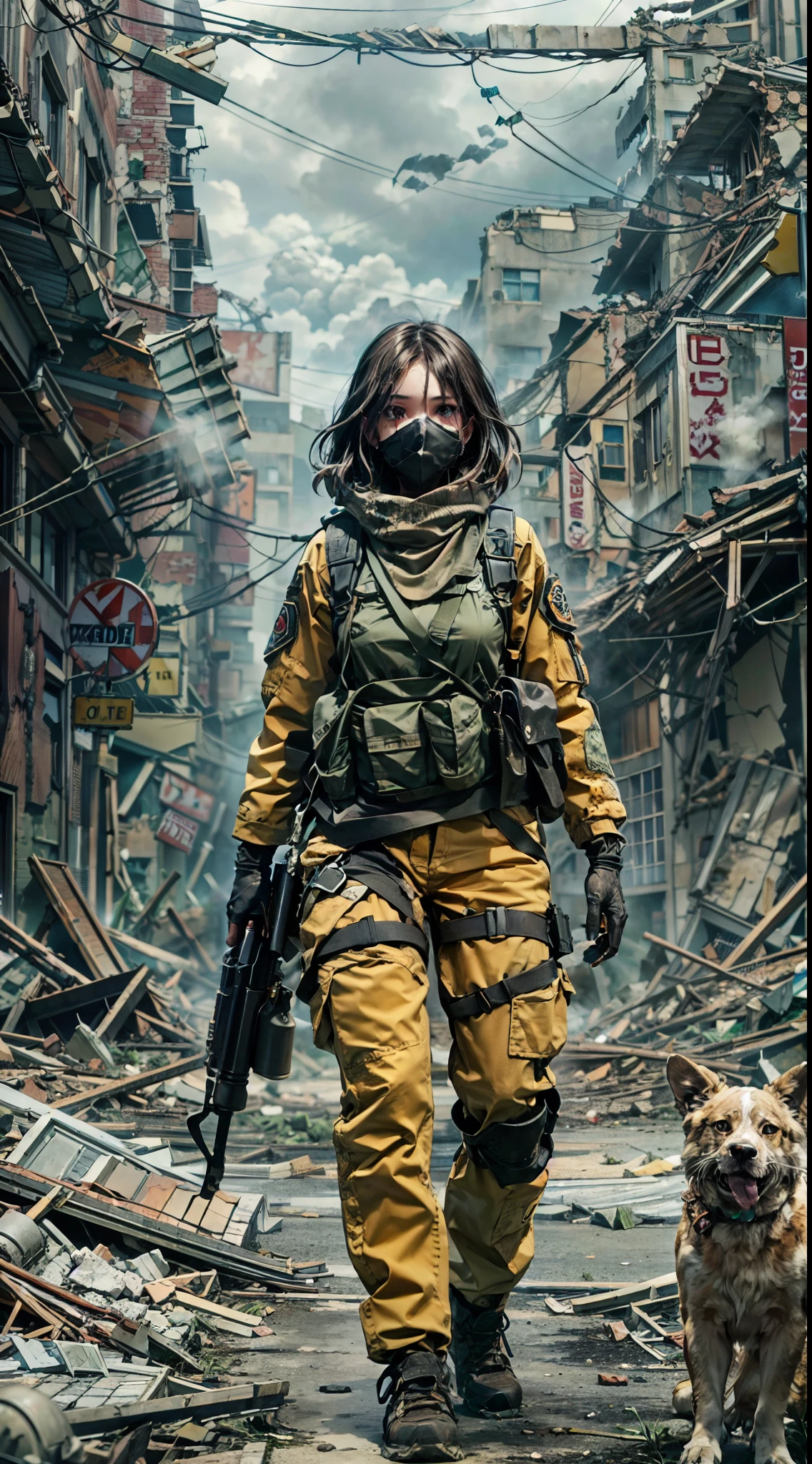 Close shot, upper body,masterpiece, best quality, high resolution, rich details, 8k, extreme light and shadow,(full body image of a beautiful young woman,wearing yellow tactical gear), mask,holding a AK47 with two hand, walking down a desolated street in a collapsed city, post apocalypse, smoke and fog in the air, gray sky covered with toxic cloud, collapsed building, broken street, tall body, detailed face, detailed eye, cold face, dirty, (post apocalypse theme),