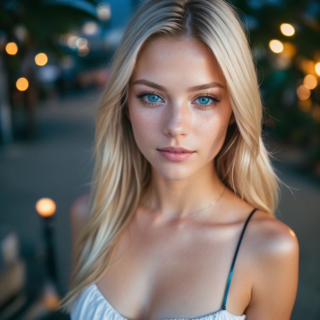 (full of the body: 1.4), RAW UHD portrait photo of a 27-year-old blonde (blue-eyed woman) (large nude breasts), (mini skirt), (neckline), details (textures! , hair! , glitter, color!! , disadvantages: 1.1), glossy eyes with high detail (looking at the camera), SLR lighting, SLR camera, ultra-quality, sharpness, depth of field, film grain (center), Fujifilm XT3, crystal clear, frame center, beautiful face, sharp focus, bokeh (dimly lit), day, detailed skin pores, oily skin, sunburn, complex eye details, (full body), large breasts, small nipples,