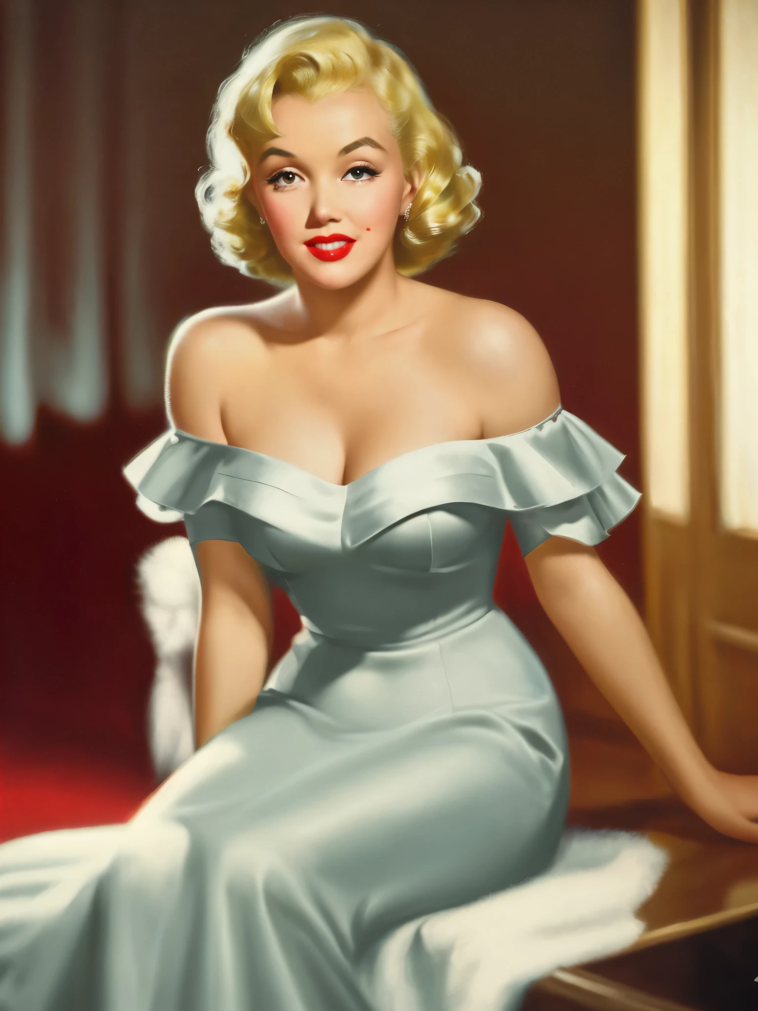 Breathtaking~*~ cinematic realistic close-up shot in a movie scene, 1950s blonde bombshell Marilyn Monroe with pouty lips and sultry eyes. she wears a red lipstick and a tight-fitting off shoulder dress, medium round tits, shinning skin, exuding confidence and sensuality 8k