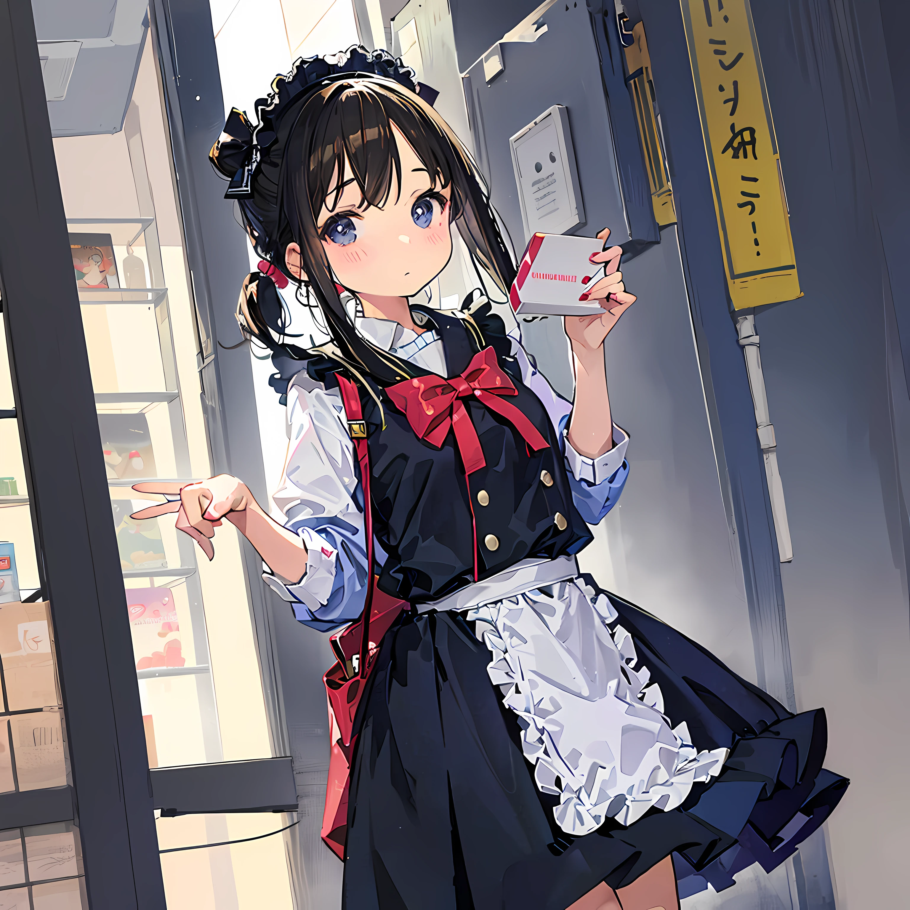 (Anime girl), ((manga style)), maid costume, ((handing camera a gift box)), she is mbarresed, she is flustered, good illustration, office setting, window background, reflections, nylon