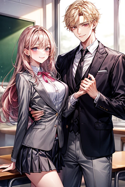 (1male people:Student uniform、Black tie、The jacket is a gray jacket, White shirt, Gray trousers、One ear only, one earring,、a blond、Golden Eyes、a smile、tall、tall、Tall、a handsome、refreshing)、(1female:long pink hair、Pink eyes、short、Best style、white shirt、Red Ribbon、Student uniform、Grey pleated skirt、F-cup)、(((a couple、Flirting)))、a smile、Classroom、
