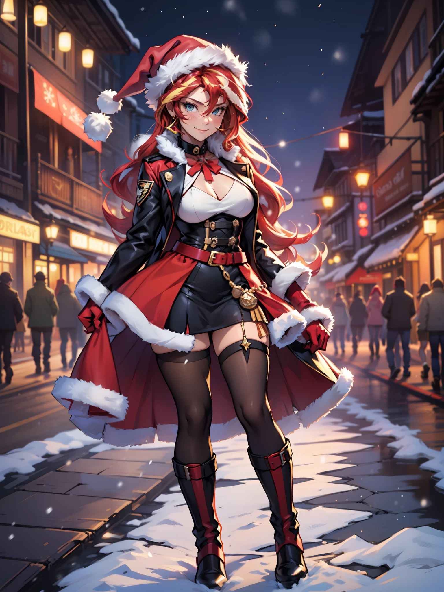 Sunset Shimmer, Sunset Shimmer из мой маленький пони, big breastes, Lush breasts, Volumetric breasts, exuberant hair, hairlong, Smiling, New Year, Christmas, santa costume, New Year's down jacket, closed clothing, New Year's hat, The costume is red, New Year's Eve Outfit, in full height, New Year's boots, women's boots, a lot of Christmas lights, fireworks, Sundown, super quality, Very detailed, snowing, Garland