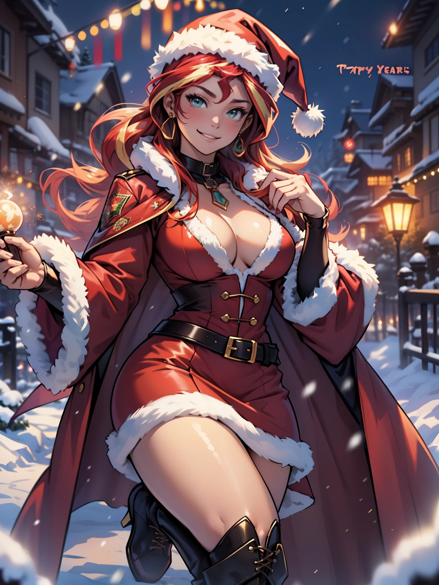 Sunset Shimmer, Sunset Shimmer из мой маленький пони, big breastes, Lush breasts, Volumetric breasts, exuberant hair, hairlong, Smiling, New Year, Christmas, santa costume, New Year&#39;s down jacket, closed clothing, New Year&#39;s hat, The costume is red, New Year's Eve Outfit, in full height, New Year&#39;s boots, women&#39;s boots, a lot of Christmas lights, fireworks, Sundown, super quality, Very detailed, snowing, Garland