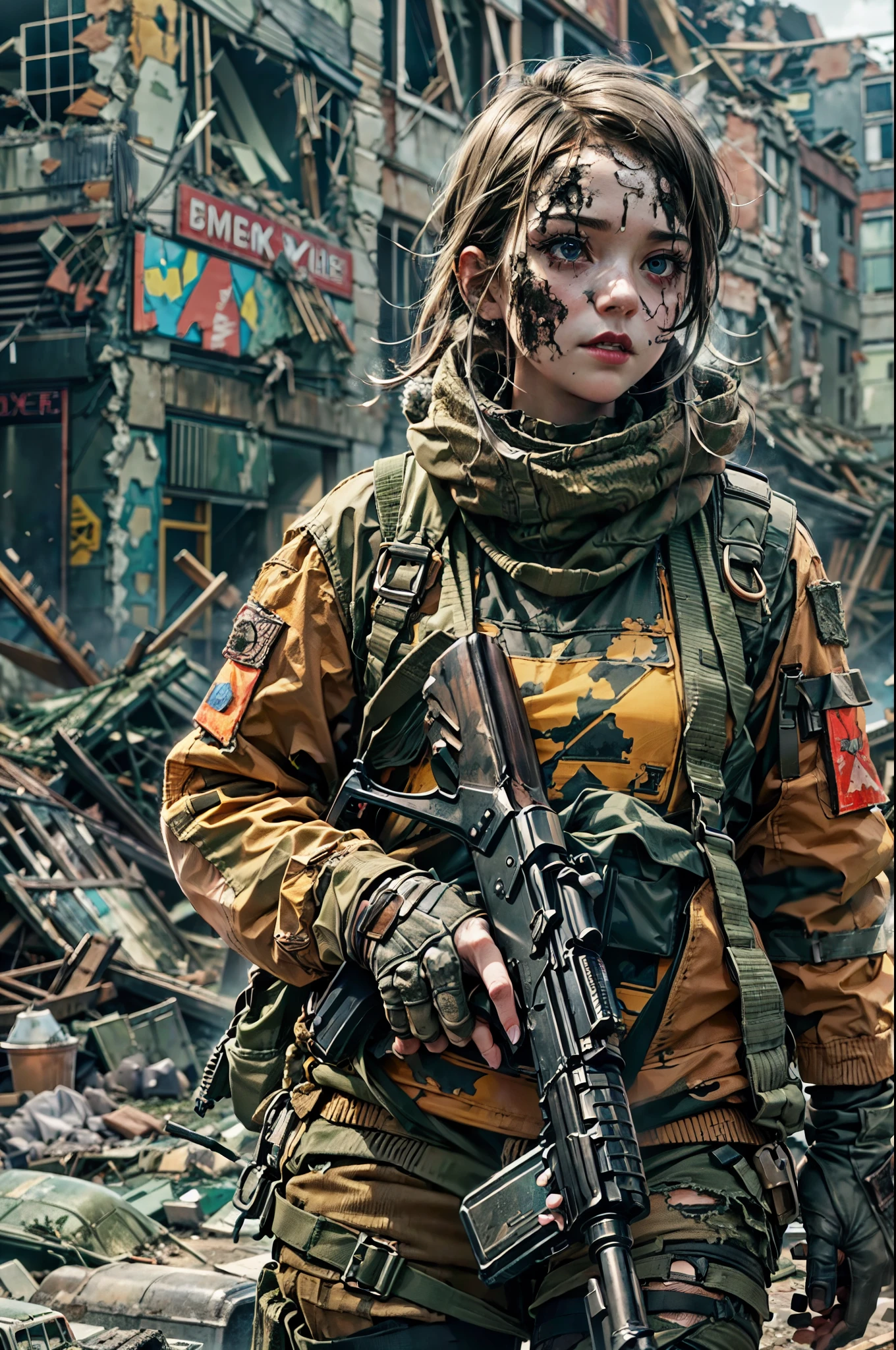 Close shot,masterpiece, best quality, high resolution, rich details, 8k, extreme light and shadow, image of a beautiful young woman,wearing tactical gear, holding a AK47 with two hand, walking down a desolated street in a collapsed city, post apocalypse, smoke and fog in the air, yellow gray sky covered with toxic cloud, collapsed building, broken street, tall body, detailed face, detailed eye, cold face, dirty, (post apocalypse theme),