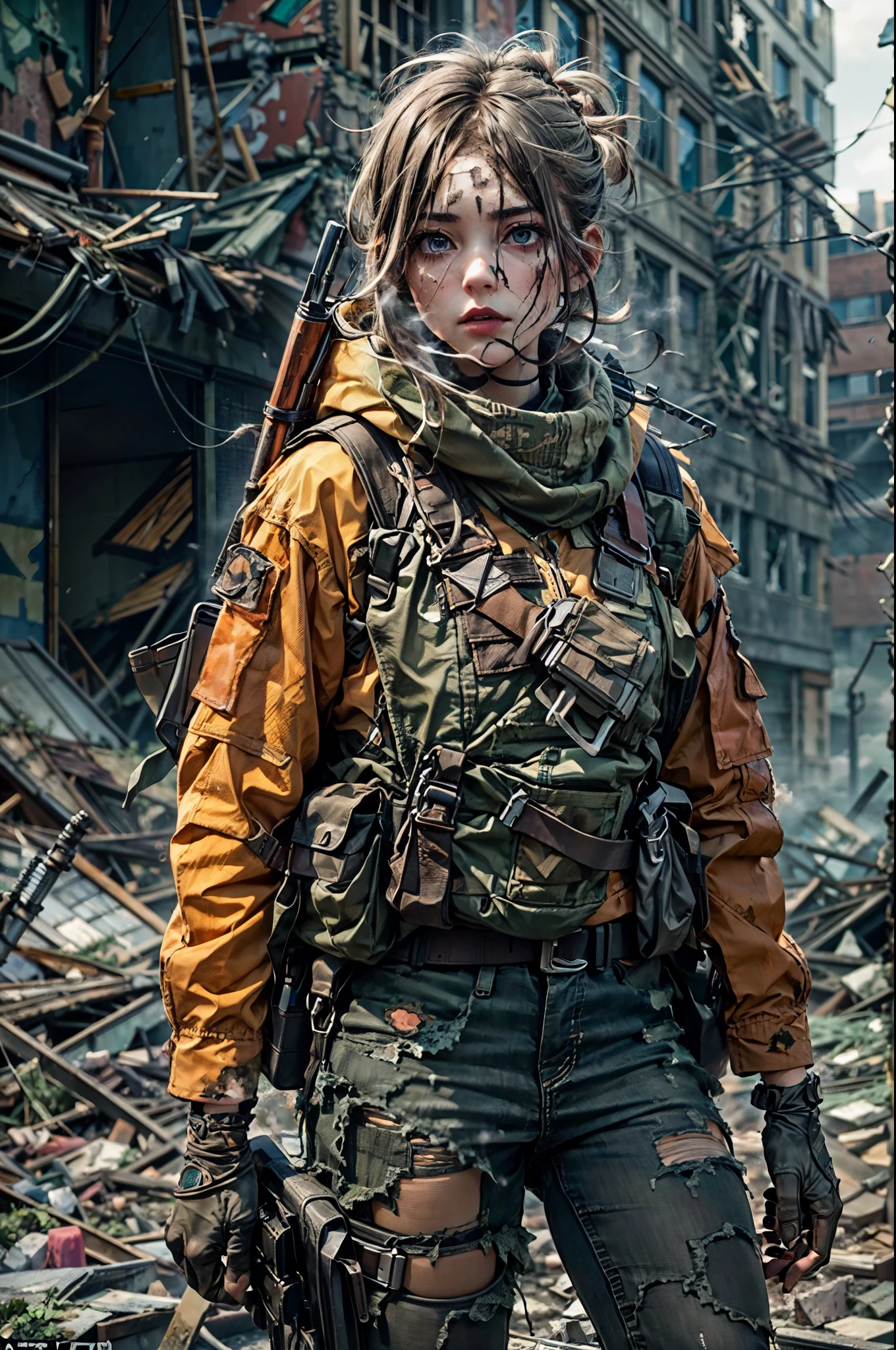 Close shot,masterpiece, best quality, high resolution, rich details, 8k, extreme light and shadow, image of a beautiful young woman,wearing tactical gear, holding a AK47 with two hand, walking down a desolated street in a collapsed city, post apocalypse, smoke and fog in the air, yellow gray sky covered with toxic cloud, collapsed building, broken street, tall body, detailed face, detailed eye, cold face, dirty, (post apocalypse theme),