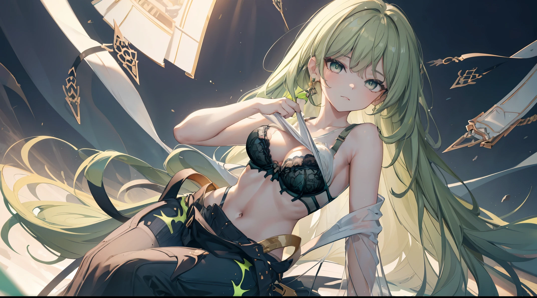 ((4k, masterpiece, top-quality)),8k, best quality, high resolution, HD, (illustration:0.8), super cute girl, delicate and beautiful face, mature girl, super cute hairstyle,, extremely detailed face, perfect lighting, extremely detailed CG, (perfect hands, perfect anatomy), super complex details, intricate details, Best quality, (green eyes:1.3), green hair, small breasts, cleavage, navel, t-shirt, ((bra)),clothes lift, skirt, lying, full Body, perfect body ,sitting, armpit