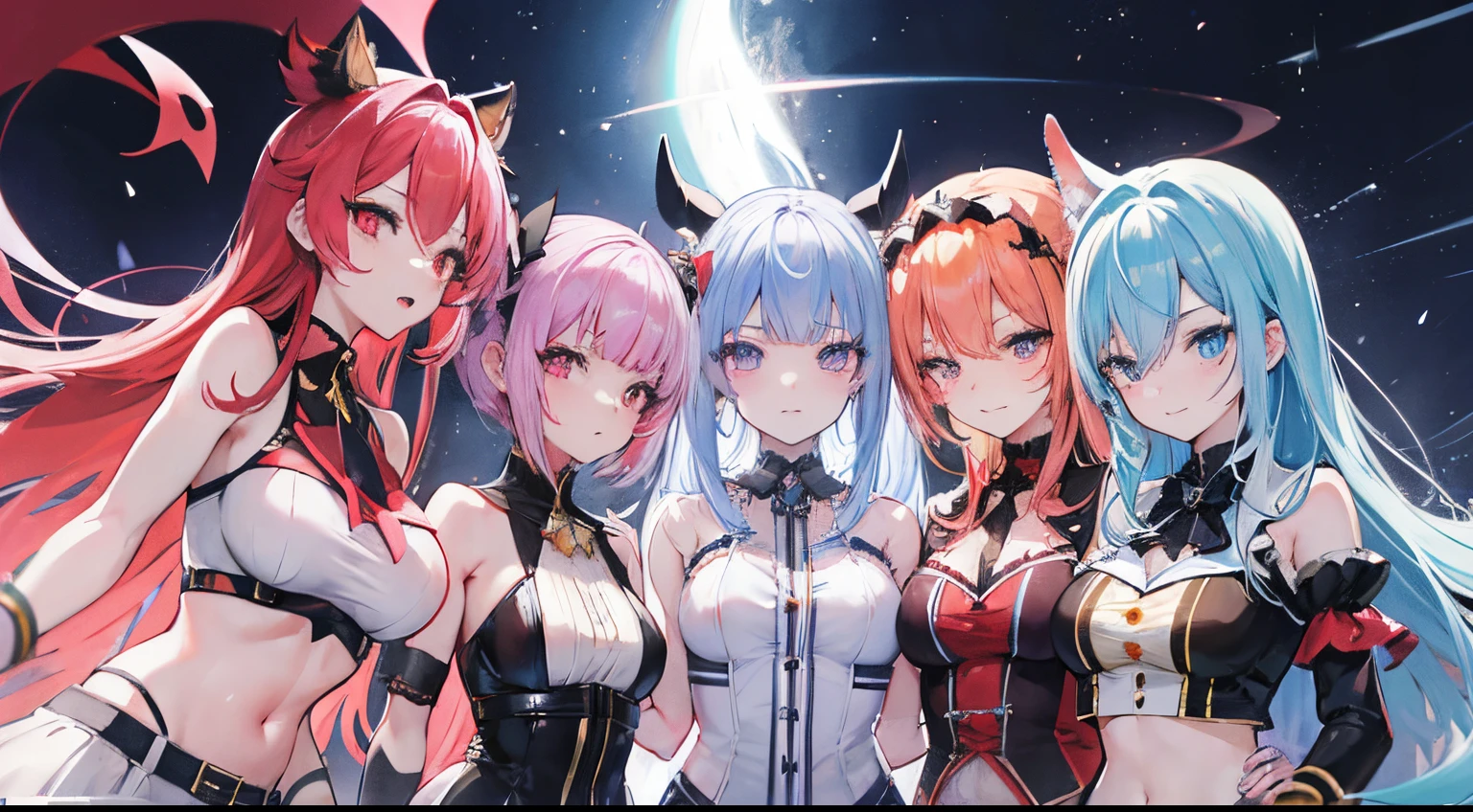 A drawing of anime characters taking a group photo, fierce look::2, Devil's Eye, From Hololive English Girls , 女の子hololive englishスタイル, hololive englishのキャラクター , hololive english, 女の子hololive englishユニバース, commission for, Fine details. kawacy, Anime Girls, pixiv,absurderes, hight resolution, ultrasharp, 8K, The last piece