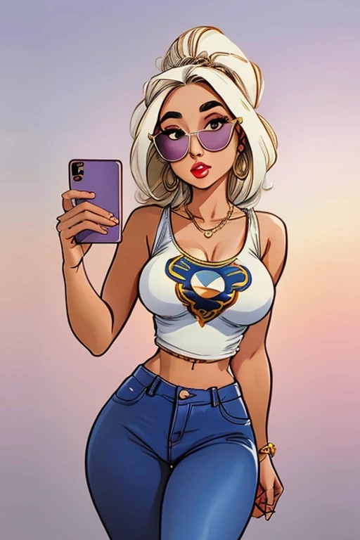 a woman wearing a tampo branco and jeans posing for a selfie, usando um top cropped sexy, tampo branco, tampo de cabresto branco, Mia califa, with sunglasses, olivia culpo, Modelo do Instagram, em camisa branca de gola alta, 2 Modelo feminina de 4 anos, olhar sexy, Kylie Jenner, topo de corte, , Mia Kischner, usando um top bonito