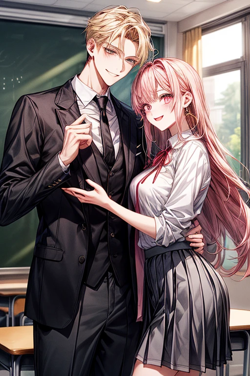 (1male people：Student uniform、Black tie、The jacket is a gray jacket, White shirt, Gray trousers、One ear only, one earring,、a blond、Golden Eyes、a smile、tall、tall、Tall、a handsome、refreshing)、(1female：long pink hair、Pink eyes、short、Best style、white  shirt、Red Ribbon、Student uniform、Grey pleated skirt、F-cup)、(((a couple、Flirting)))、a smile、‎Classroom、