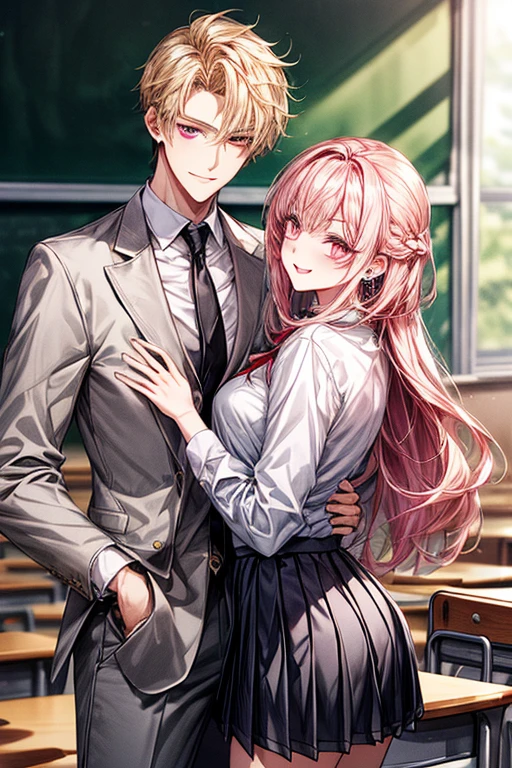 (1male people:Student uniform、Black tie、The jacket is a gray jacket, White shirt, Gray trousers、One ear only, one earring,、a blond、Golden Eyes、a smile、tall、tall、Tall、a handsome、refreshing)、(1female:long pink hair、Pink eyes、short、Best style、white shirt、Red Ribbon、Student uniform、Grey pleated skirt、F-cup)、(((a couple、Flirting)))、a smile、Classroom、