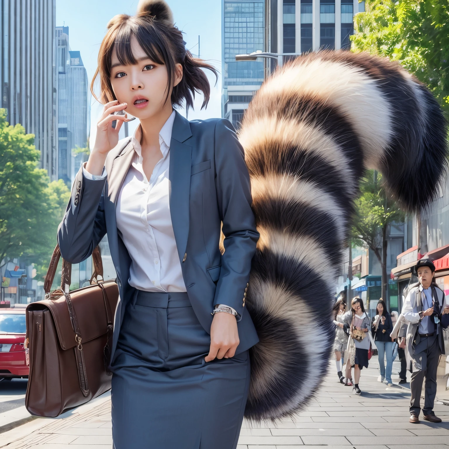 A woman wearing a suit with a raccoon tail, anthropomorphic raccoon, けもの, realistic, a picture, top-quality, Surprised face