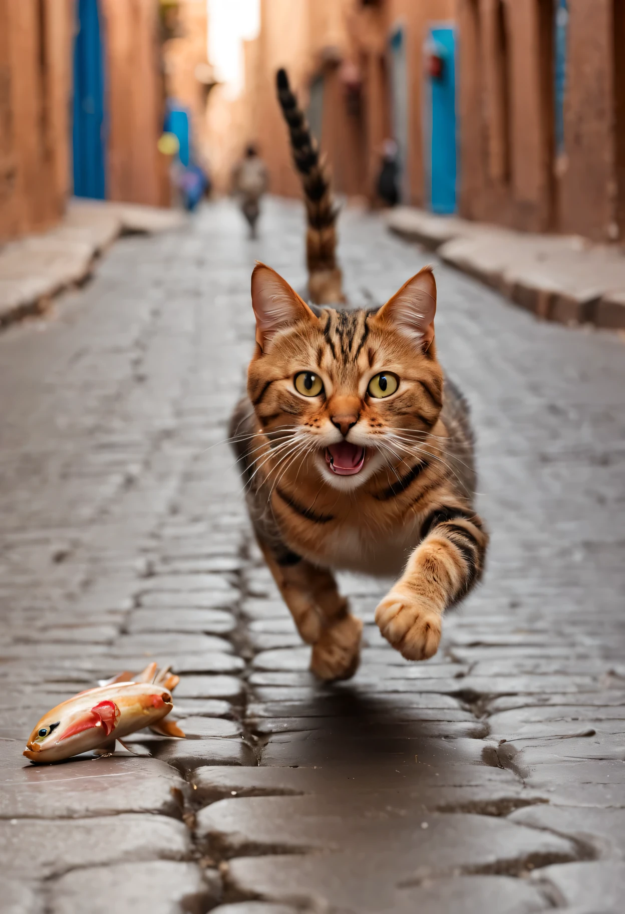 there is a cat that is running down the street with Moroccan people chasing it, awesome cat, extremely realistic photo, real-life tom and jerry, happy cat, cat attacking Marrakech, funny cat, running cat, !!! cat!!!, !!!! cat!!!!, highly realistic photo, real life picture, ultra realistic picture, hyper real photo, stolen sardine in mouth, hyperrealistic picture