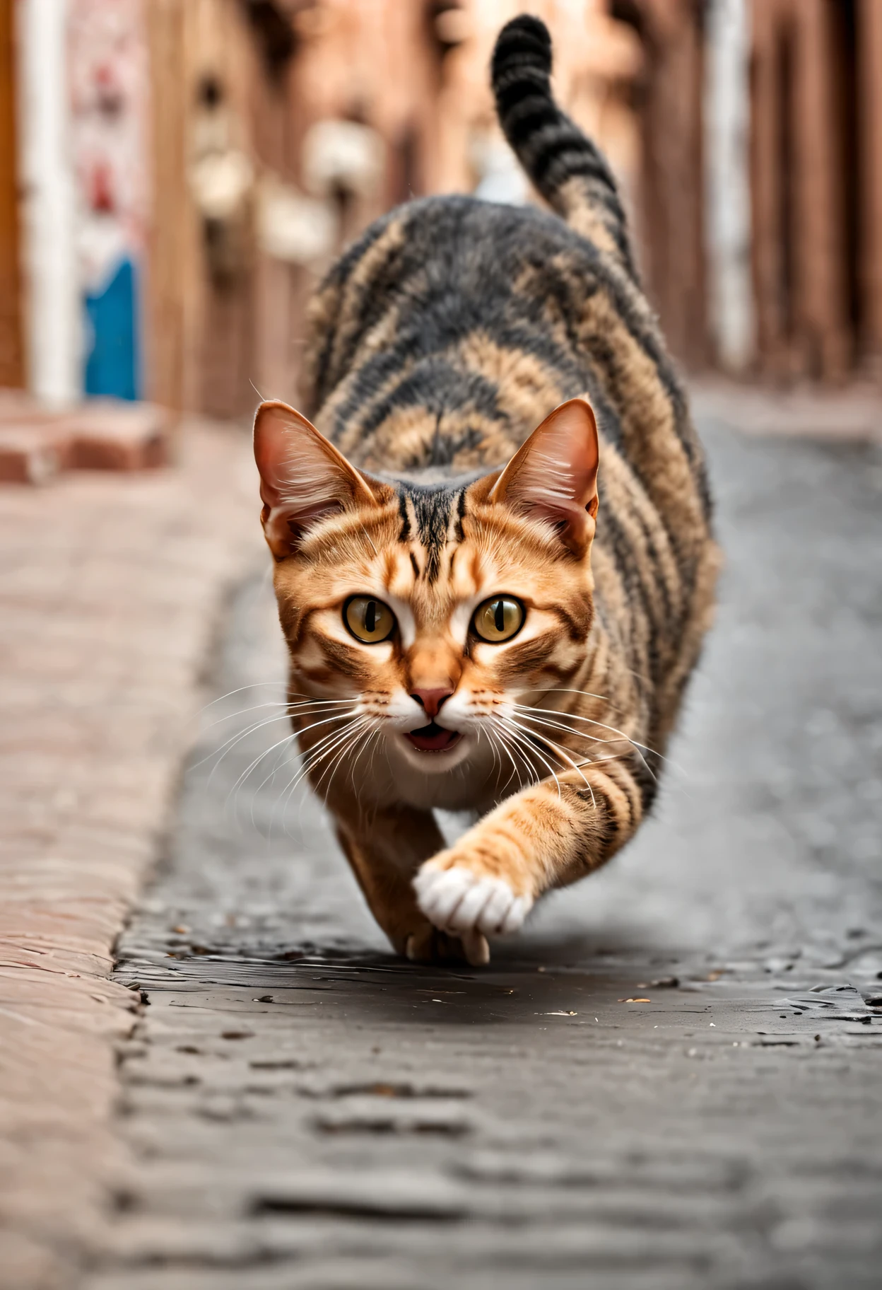 there is a cat that is running down the street with Moroccan people chasing it, awesome cat, extremely realistic photo, real-life tom and jerry, happy cat, cat attacking Marrakech, funny cat, running cat, !!! cat!!!, !!!! cat!!!!, highly realistic photo, real life picture, ultra realistic picture, hyper real photo, stolen sardine in mouth, hyperrealistic picture