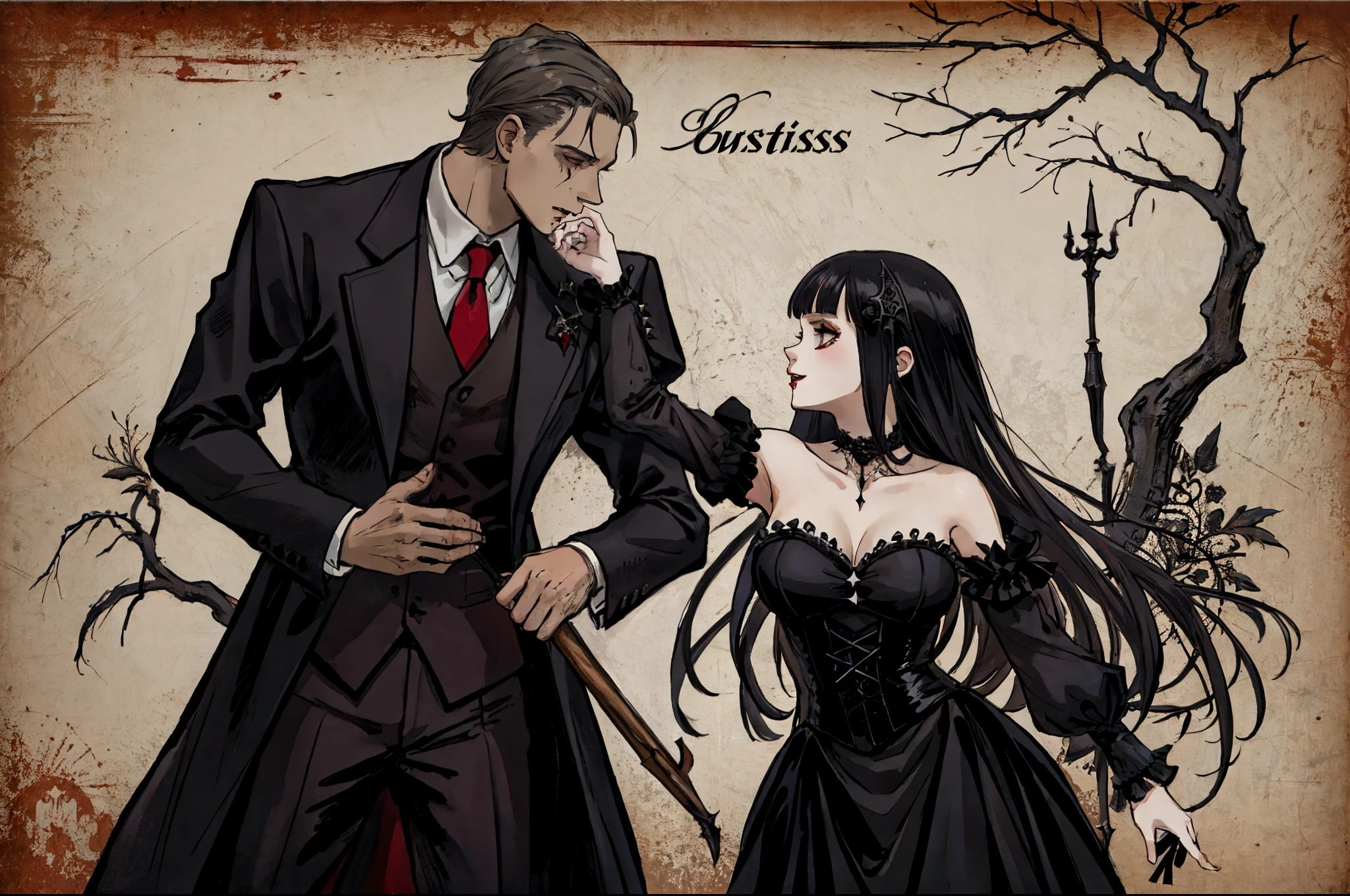 (best quality),  detailed background,gothic girl, horror, vampire, nobless,girl dancing with man,castle