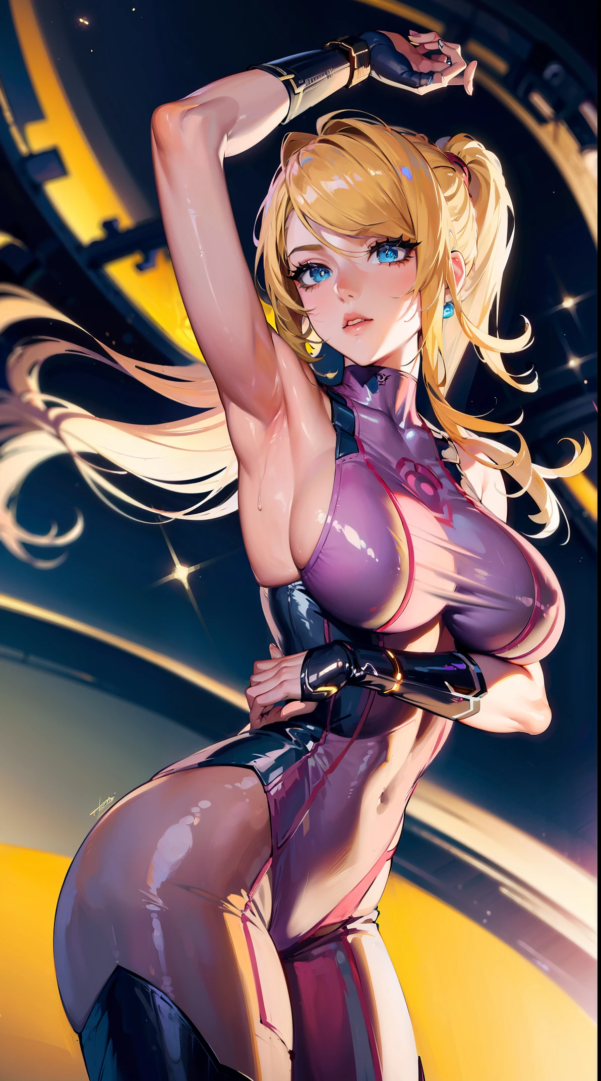 ((Masterpiece)), (Best quality), beautiful, 1girl, Samus Aran \ (Metroid /), beautiful detailed face, 8k, beautiful detailed pupils, ambient light, beautiful eyes, metroid, realistic shadows, close-up, beautiful detailed eyes, ((Samus Aran custome)), standing looking to the camera, night, background of the space