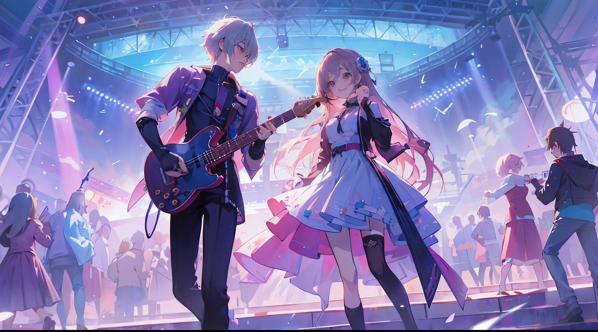Characters attend concert with guitar and crowd, nightcore, official fan art, Official artwork, Anime style 4k, 8K!, anime styled digital art, high detailed Official artwork, Official anime artwork, Popular topics on artstation pixiv, best anime 4k konachan wallpapers, Pixiv Contest Winner, Digital art on Pixiv