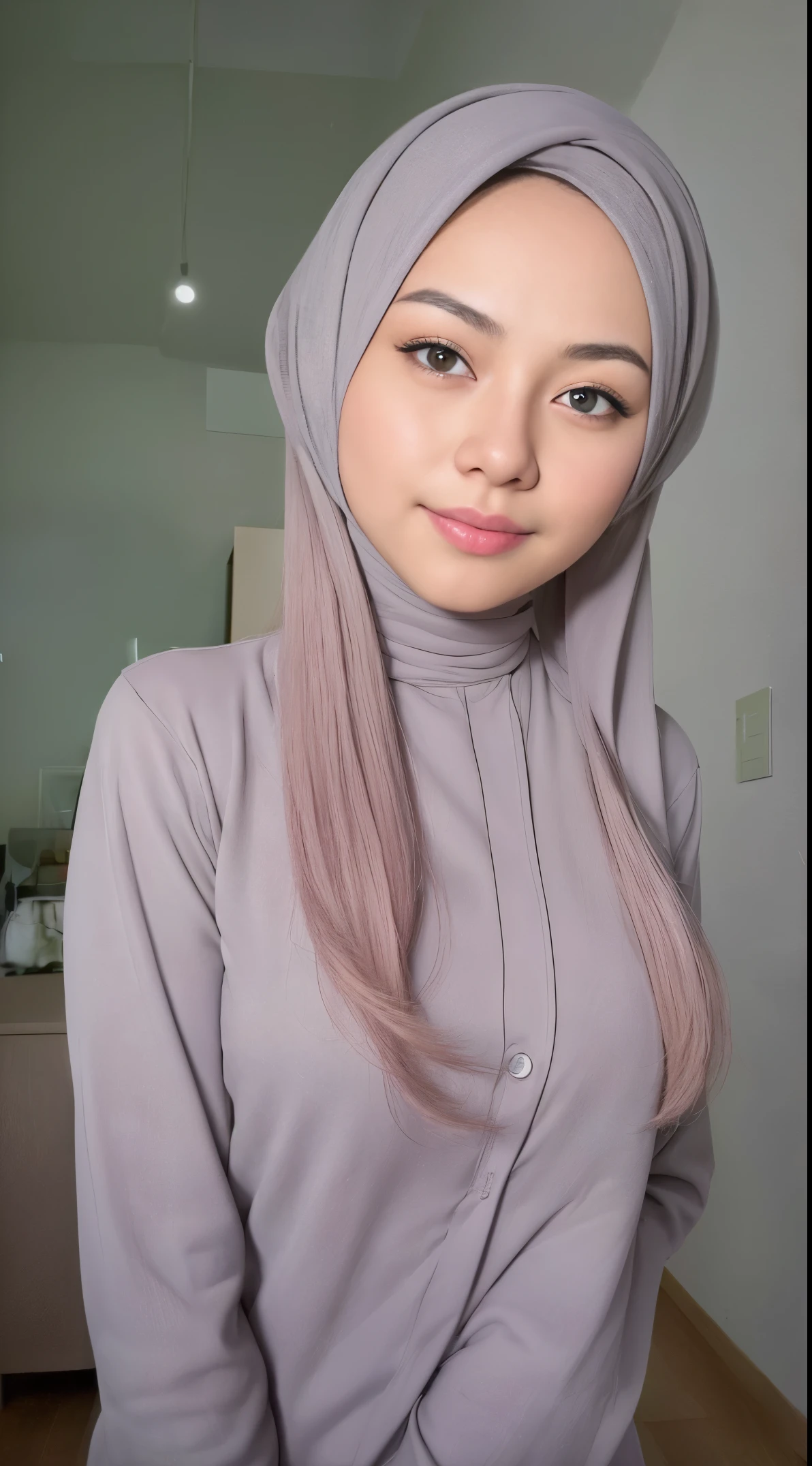 (very cute girl) , like mira filzah face, (raw photo:1.2), ((17 years old)), (photorealistic:1.4), russia mix korea hyper white skin, realistic skin texture, pale skin, very detailed eyes and face, beautiful detailed eyes, turkish nose, super detailed, high resolution, very detailed, masterpiece,unified, 48k wallpaper, amazing, Fine details, masterpiece, best quality, ((Tight F cup breasts size)), straight long hair, (extra long hair : 1.5), dark brown hair, elegant hair style, light on face, cinematic lighting, 1girl, perfect body, slim abs, skinny, ((1 malay girl , beautiful face)), hyper realistic bright lighting, realistic shadow, ((wearing a twisted pajamas, purple color pajamas)), ((perfectly composition)), dynamic poses, dynamic shot angle, (All grey background)