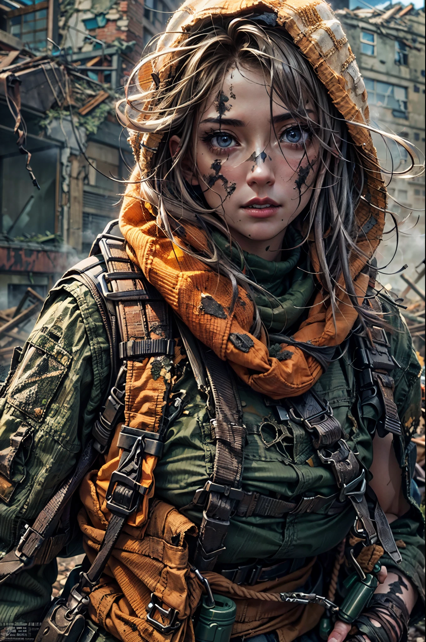 Close shot,masterpiece, best quality, high resolution, rich details, 8k, extreme light and shadow, image of a beautiful young woman,wearing tactical gear, holding a AK47 with two hand, walking down a desolated street in a collapsed city, post apocalypse, smoke and fog in the air, yellow gray sky covered with toxic cloud, collapsed building, broken street, tall body, detailed face, detailed eye, cold face, dirty, (post apocalypse theme),