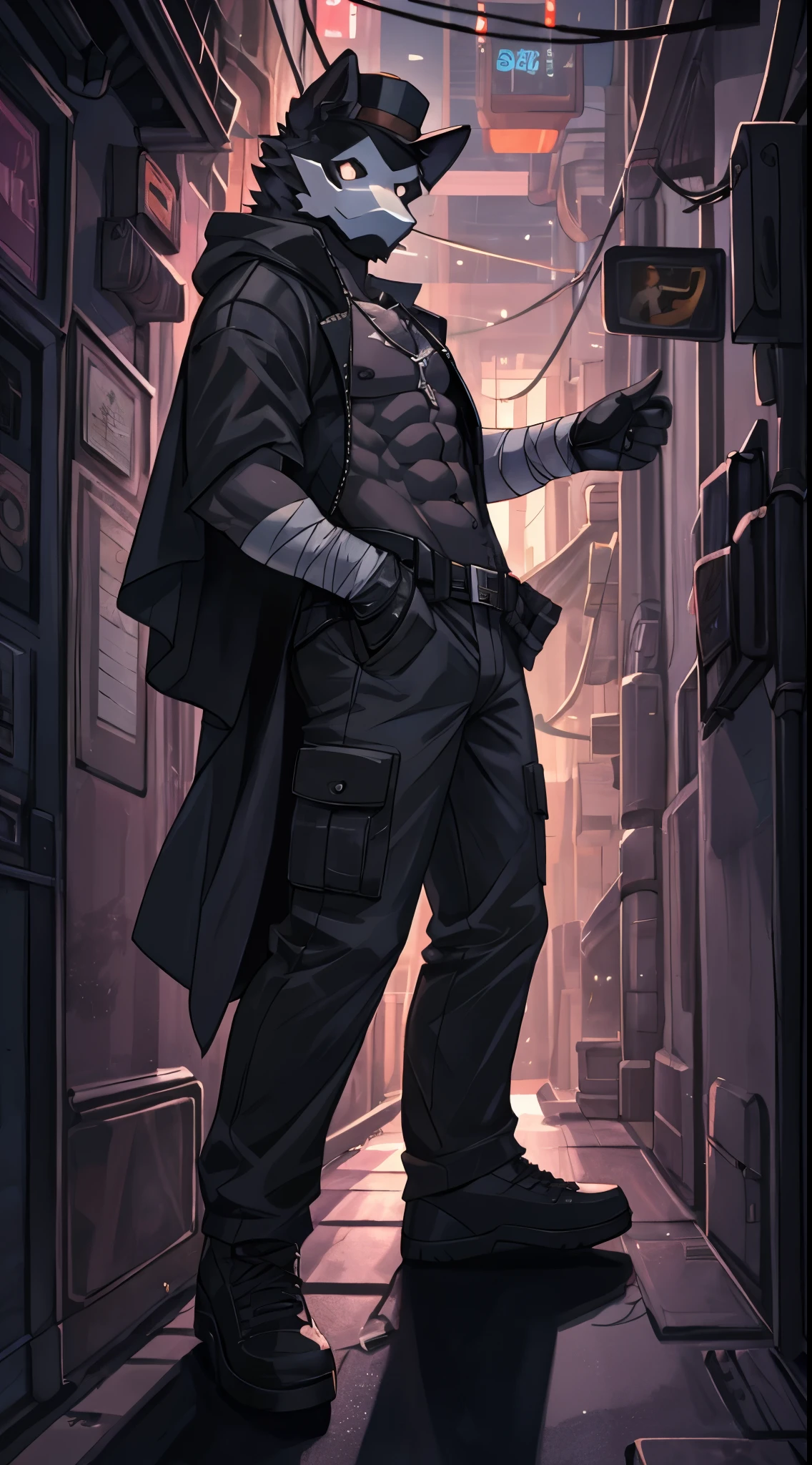 adult content, low-key light, cyberpunk, extremely_detailed, drawing of a puro (changed), (extremely detailed:1puro, mask, puro_(changed)), black_cargo pants, bara, black_colored_body, very long legs, long arms, very tall, muscular_body, 6 pack abs, male nipples, exposed_chest, tactical_gloves, black_cloak, black_fedora, large chest, exposed upper body, shirtless, dogtags, bandages, seductive_pose, hands_inside_pocket, wide_open_legs, dark and gloomy atmosphere, dramatic light, camera angled lower, time, neon lights, alleyway, neon lights, midjourney, C7b3rp0nkStyle, VPL, Male focus, yofukashi background., Best quality, masterpiece