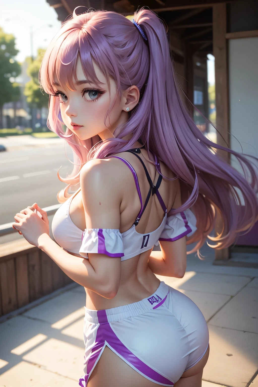 ,,cherry blossoms,beautiful,blue buruma, gym shirts, white t-shirts, gym uniform,best quality,full body,cute face,detailed skin,detailed beautiful face and eyes,1girl,UHR,slender waist,constricted waist,good anatomy,long hair,pink hair