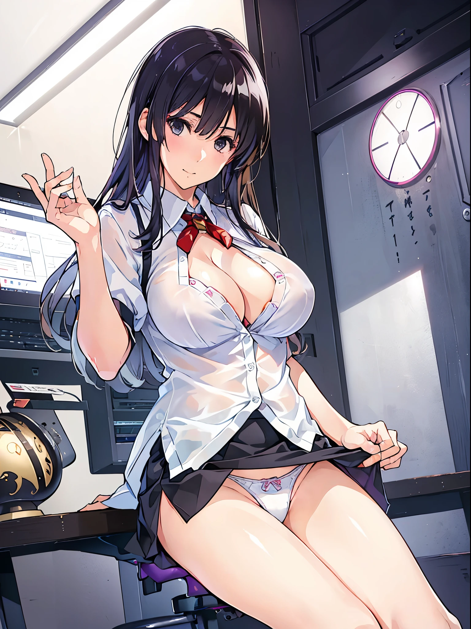 (Best Quality, 4K, 8K, hight resolution, masutepiece:1.2), Ultra-detailed, (Realistic, Photorealsiticです, Photorealsitic:1.37), Woman in her 30s, Mature Woman, Unsupervised,((Staff Room)),masutepiece, Highest Quality, Ultra-fine,max resolution, Extremely detailed, ((The bra is sheer,shortsleeves,Pencil mini skirt,White shirt,Angle from below,White panties)),thong,pantyshot,cleavage of the breast,