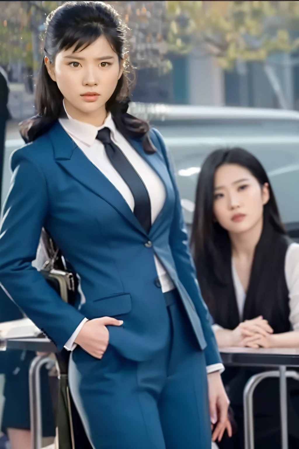 Close-up of a woman wearing a suit and tie looking at the camera, kwak ji young, iu lee ji-eun as a super villain, sui ishida with black hair, yun ling, mariko mori, young wan angel, Hwang Se - On, rumiko, inspired by Li Mei-shu, star trek asian woman, female actress from korea