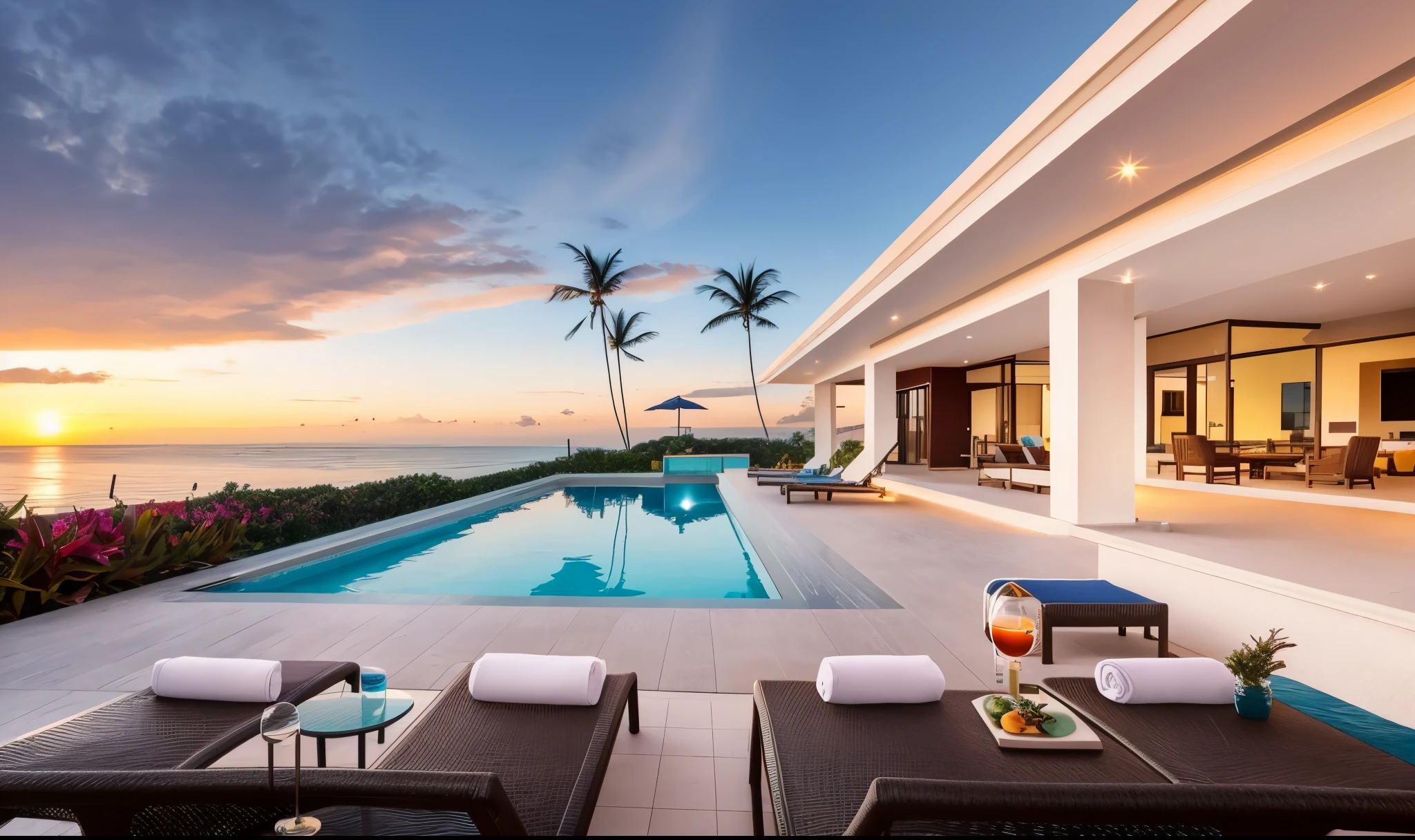 arafed view of a pool and lounge chairs at sunset, overlooking the ocean, views to the ocean, modern setting, ocean view, stunning view, paradise in the background, villa, beachfront mansion, next to the reflecting ocean, tropical setting, sit on the edge of swimming pool, stunning vista, next to a tropical pool, sunset view, real estate photography