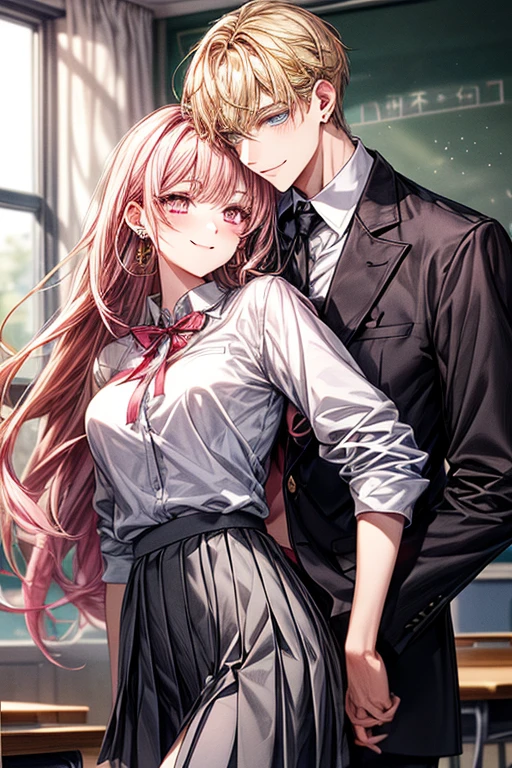 (1male people:Student uniform、Black tie、The jacket is a gray jacket, White shirt, Gray trousers、One ear only, one earring,、a blond、Golden Eyes、a smile、tall、tall、Tall、a handsome、refreshing)、(1female:long pink hair、Pink eyes、short、Best style、white shirt、Red Ribbon、Student uniform、Grey pleated skirt、F-cup)、(((a couple、Flirting)))、a smile、Classroom、