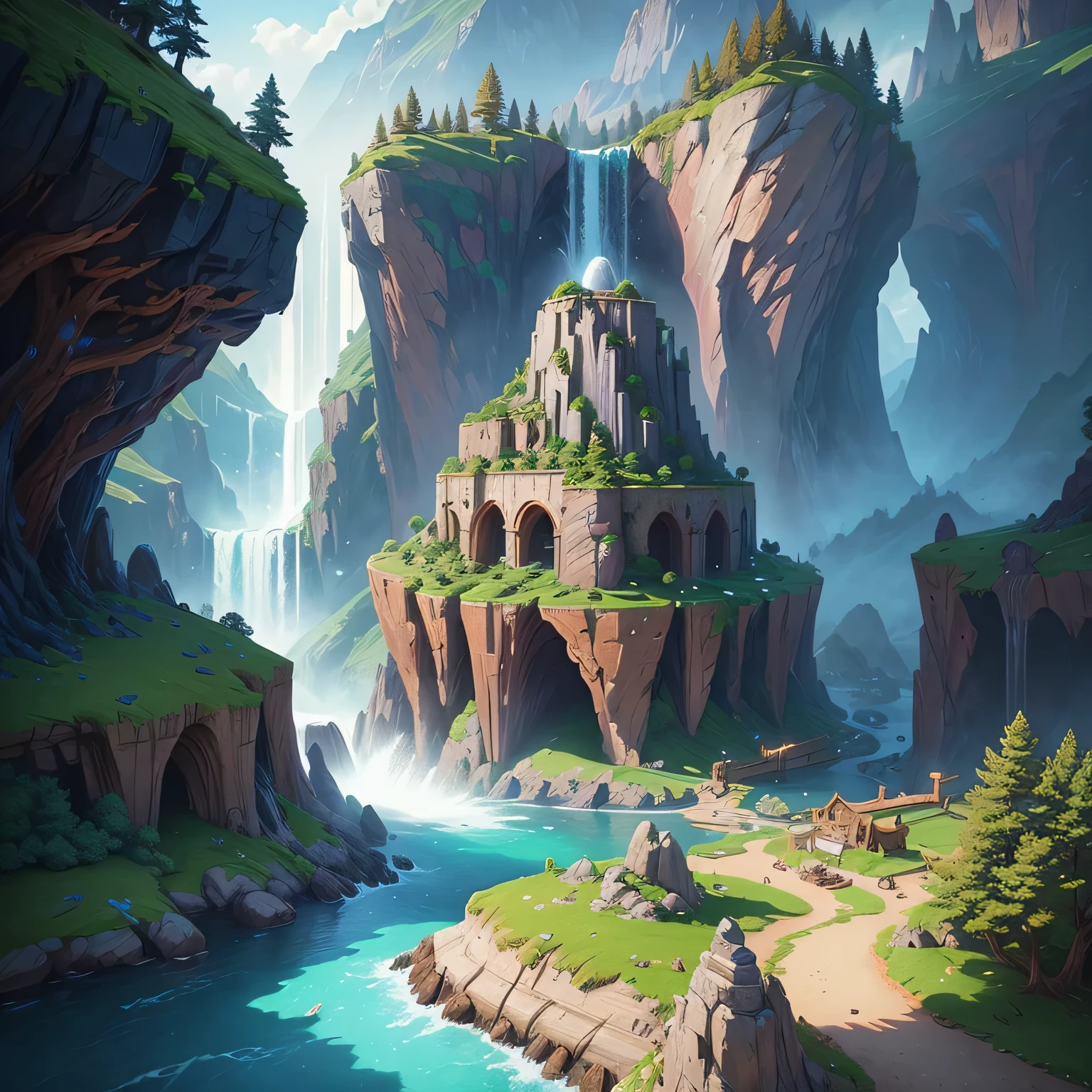 a close up of a cartoon landscape with a waterfall and a waterfall, heartstone original art style, fantasy hearthstone art style, magical battlefield backround, hearthstone style art, hearthstone concept art, hearthstone art, blizzard hearthstone concept art, in hearthstone art style, league of legends concept art, style of duelyst, light kingdom backdrop, hearthstone art style, concept art magical highlight