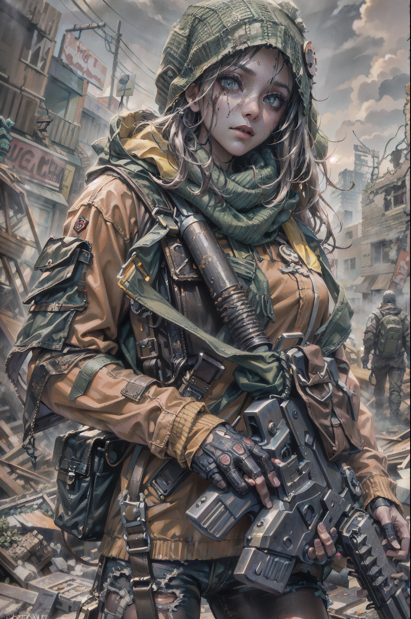 masterpiece, best quality, high resolution, rich details, 8k, extreme light and shadow, image of a beautiful young girl wearing tactical gear, holding a AK47 with two hand, walking down a desolated street in a collapsed city, post apocalypse, smoke and fog in the air, BREAK yellow gray sky covered with toxic cloud, collapsed building, broken street, tall body, detailed face, detailed eye, cold face, dirty, (post apocalypse theme),
