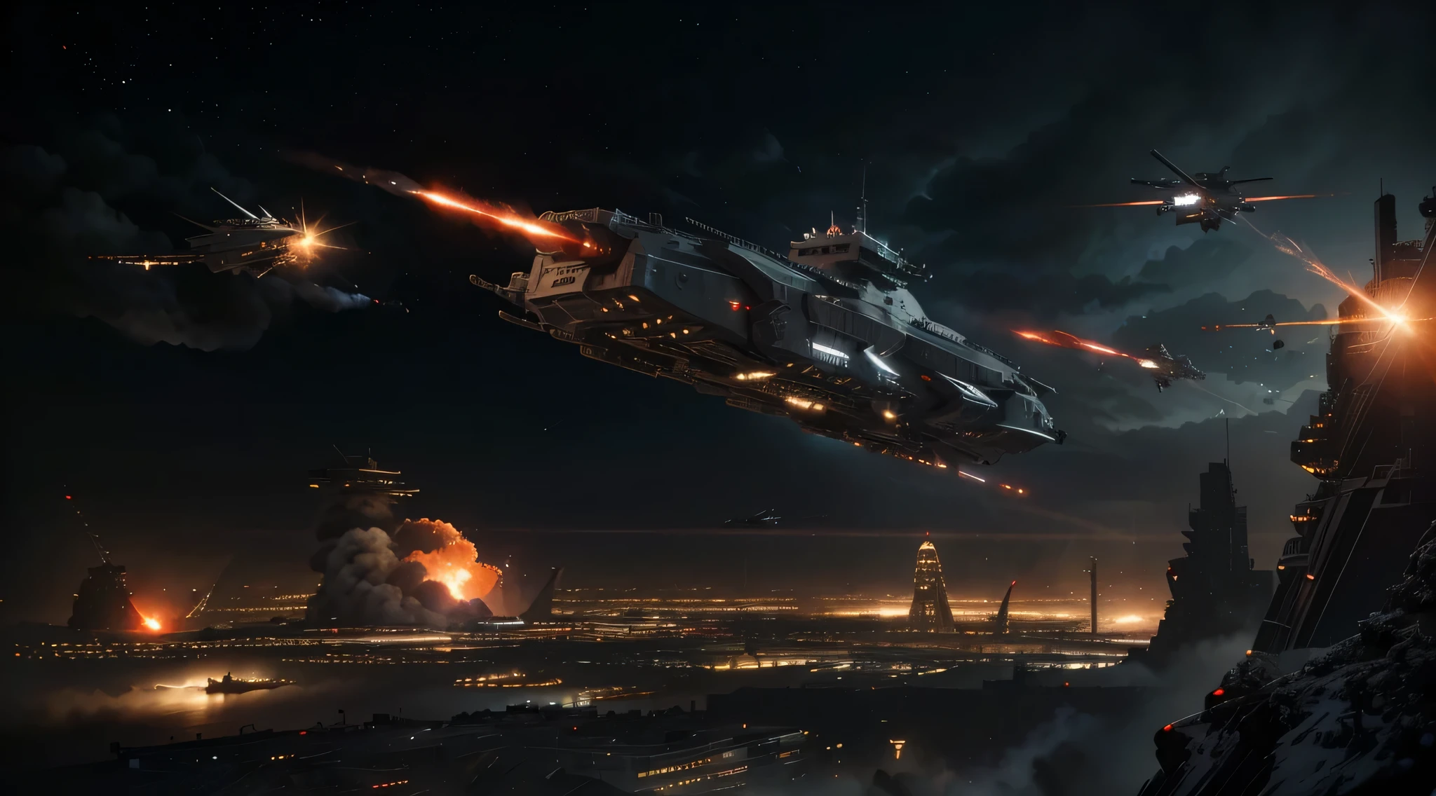 (best quality,4k,highres,masterpiece:1.2),ultra-detailed,(realistic,photorealistic:1.37),HDR,cleverly composed scene,grand and epic battle,breathtaking action,powerful and dynamic forces,colliding civilizations,advanced technology,destructive weapons,explosions and sparks,A.I. drones and robotics,advanced battle strategy,sci-fi atmosphere,enormous warships,galactic conquest,majestic space backdrop,futuristic cityscapes,intense energy beams and lasers,otherworldly creatures,imposing generals,bloodred and steel gray color palette,harsh and dramatic lighting.