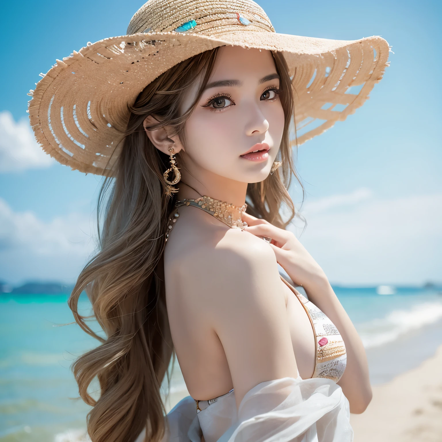 Best Quality,Ultra-detailed,Realistic,Top,new high cut bikini,Beautifully detailed face and body,Glamorous,Professional,Fashionable,Beach background,Vivid colors,The model's charismatic expression,fierce pose,a straw fedora hat,Sexy look,High fashion style,masutepiece:1.2,Studio Lighting,Bokeh ,kabaddo