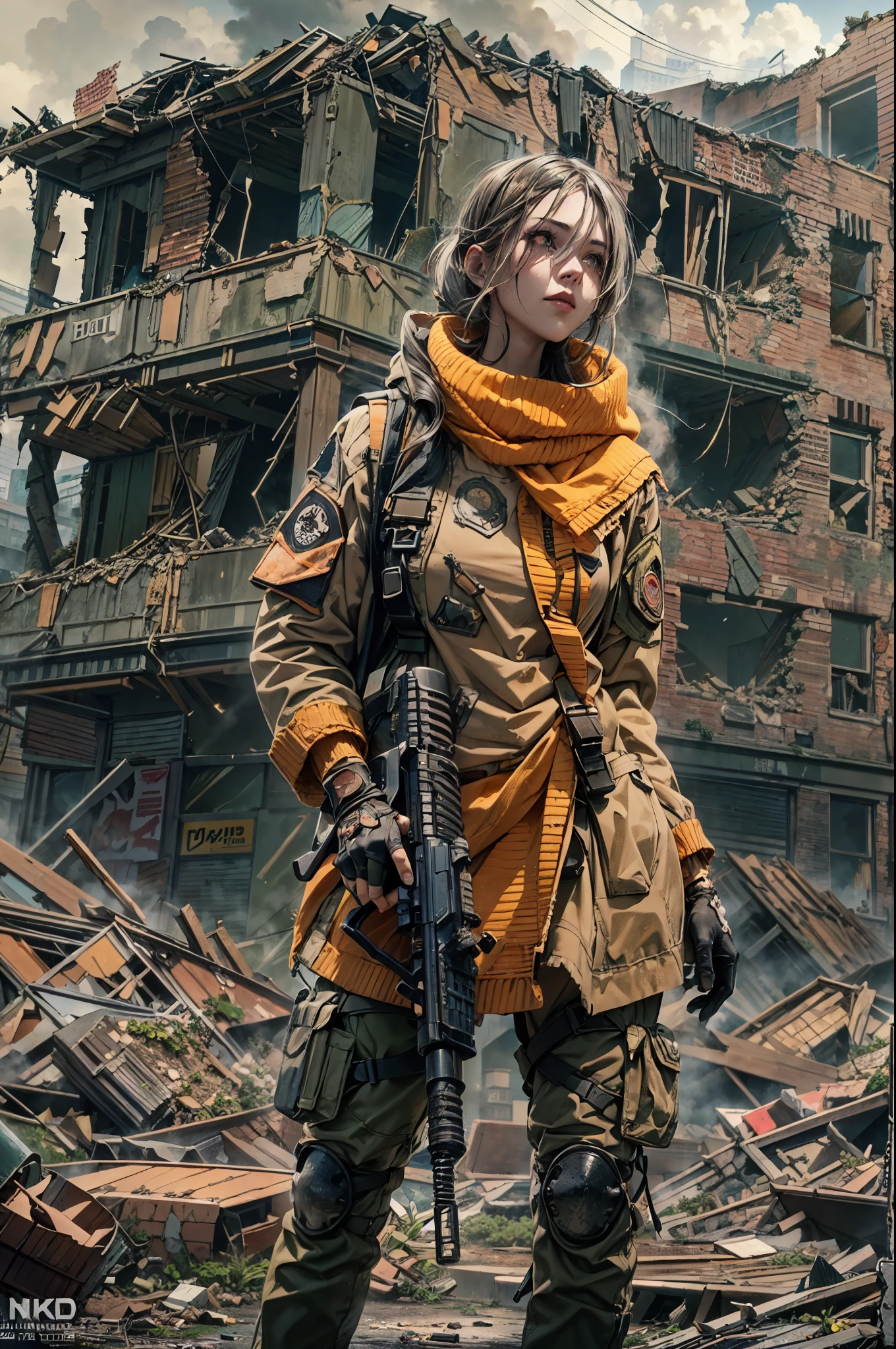 Focus on the body and face,masterpiece, best quality, high resolution, rich details, 8k, extreme light and shadow, image of a beautiful young woman wearing tactical gear, holding a AK47 with two hand, walking down a desolated street in a collapsed city, post apocalypse, smoke and fog in the air, BREAK yellow gray sky covered with toxic cloud, collapsed building, broken street, tall body, detailed face, detailed eye, cold face, dirty, (post apocalypse theme),