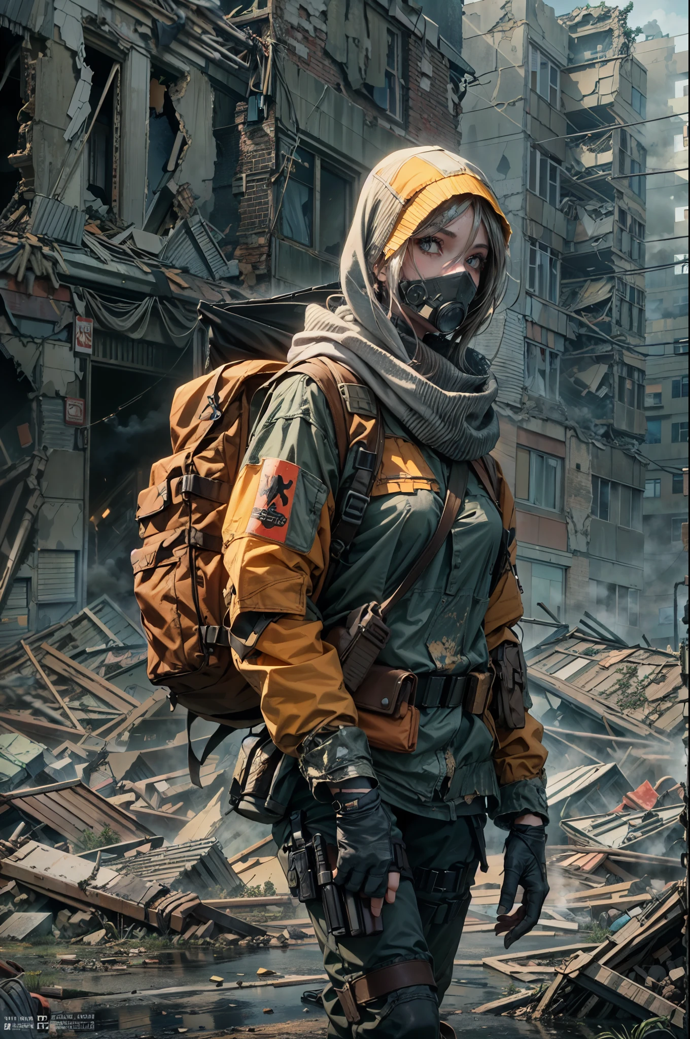 Focus on the body and face,masterpiece, best quality, high resolution, rich details, 8k, extreme light and shadow, image of a beautiful young woman wearing tactical gear, holding a AK47 with two hand, walking down a desolated street in a collapsed city, post apocalypse, smoke and fog in the air, BREAK yellow gray sky covered with toxic cloud, collapsed building, broken street, tall body, detailed face, detailed eye, cold face, dirty, (post apocalypse theme),