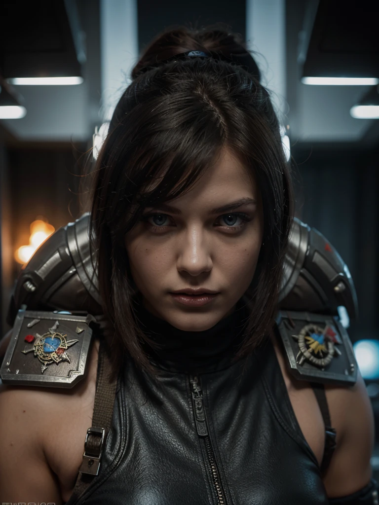 warhammer 40000, seductive female spacemarine in a fight, very highly detailed, photorealism, bloody, beautiful, on an alien planet