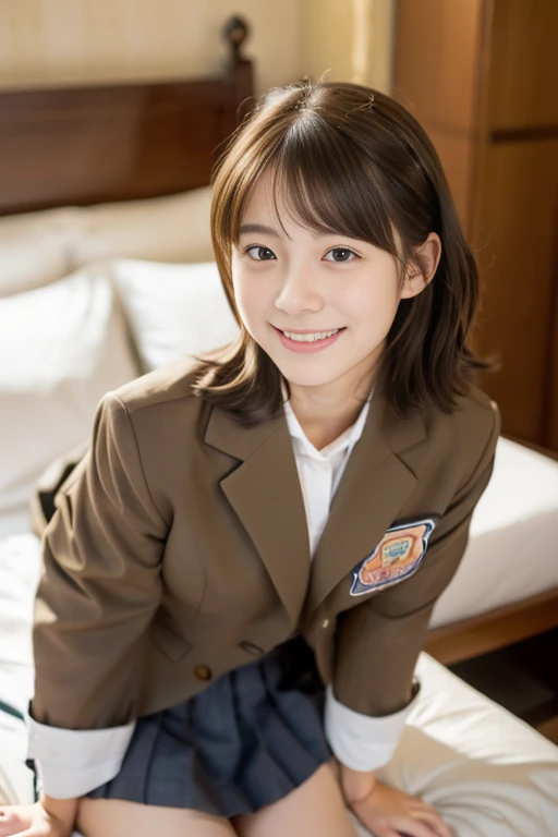 (((​masterpiece))),  (One beautiful Japan girl, classmates, Innocence，kawaii) ，超A high resolution, Realistic, ultra-detailliert, 8K,top-quality, Extremely detailed, Detailed background,A slender,very beautiful japanese girl, Detailed face:1.3), (a short bob，A dark-haired :1.4), (a baby face，kawaii系,adorable 14 year old girl), (Perfect body:1.1),  (Brown blazer, Light brown pleated mini skirt), smiling mischievously,Show your beautiful teeth,Super Detailed Face、Detailed lips、A detailed eye、Petite gravure idol，Transparent skin、Lori，Japanese high school uniform with the school emblem on the chest，high-definition RAW color photography, professional photograpy, Extremely detailed,, amazing, finely detail, extremely detailed fingers, highly detailed nose, highly detail mouth,  (bed), ((Full body shot)), (sleeping face down on a big bed),Focus on the buttocks，Perfect Anatomy, Photorealsitic,, Photography, Perfect Skin, Warm air，(beautiful thigh，Perfect feet with no discomfort)，Expectations and anxieties，Sitting in a gymnasium with both hands holding the legs，sexy  pose,Gorgeous hotel rooms，电影灯光