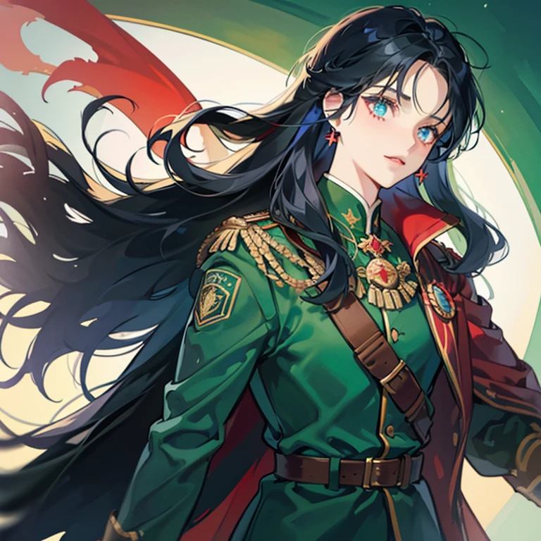 A girl with long black hair wearing a red and green military uniform,Blue inner color for hair,Has bangs,Eyes are blue,Glowing blue eyes,red military uniform with green cape,Beauty,A slight smil