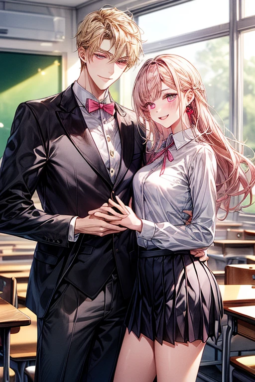 (1male people:Student uniform、Black tie、Gray jacket, White shirt, Gray trousers、One ear only, one earring,、a blond、Golden Eyes、a smile、tall、tall、Tall、a handsome、refreshing)、(1female:long pink hair、Pink eyes、short、Best style、white shirt、Red Ribbon、Student uniform、Grey pleated skirt、F-cup)、(((a couple、Flirting)))、a smile、Classroom、