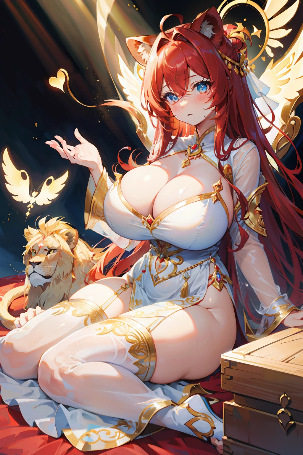 (masterpiece), best quality, expressive eyes, perfect face, blushing, big red lion goddess mother, lion ears, hair fringe, heart shaped , massive boobs, fring, full body, on side, incredible details, masterpiece, wallpaper art, (glow, god rays, ethereal, dreamy, heavenly, otherworldly, dream-like, breathtaking, captivating, divine),