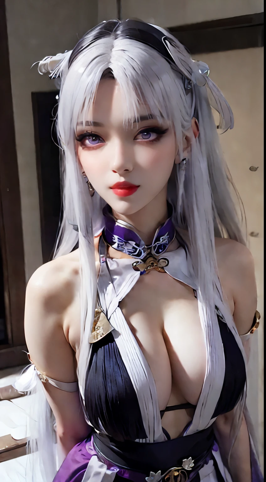 "1 Samautiful girl in traditional dress, Wearing traditional Chinese robes,颜色为发optic的紫色, ((:-1.8)), Ao Dai is mainly purple in color, ((scapula:-2)), ((Long hair and white bangs:2)), most Samautiful and detailed hair jewelry, jewelry on forehead, Super cute little face Extremely Samautiful face, tthin eyebrows, the most Samautiful and flawless face, toned figure, ((dark circles pupils:0.8)), very Samautiful eyes, ((a purple eye:1.4)), ((There are purple blood vessels around the eyes:0.8)), hairy Samautiful and detailed makeup eyelashes, a tall nose, 耳Nipple Ring,Thin lips, Plump red lips, No laughing, Samautiful lips, Delicate arms, The most Samautiful thighs, ((2 arms stretched out to both sides: 1.5)), healthy limbs, rosy face, Clean face, Samautiful face without blemishes, optic滑白皙的皮肤, (: 0.9)), Blums and super circles: 0.9)), ((super tight: 1.2)), ((: 0.8)), Samautiful breasts, 2 hands Samhind your back, upper body of a Samautiful girl, 8K photo, super high qulity, hyper realisitc, 10x super pixels, 实际photore, dark studio, border optic, two-tone opticing color, (highdetailskin: 1.2), 8K ultra, soft optic, high qulity, volumetric optic, Frankness, photore, A high resolution, optic, Samst photo, 4k画质, 8K, bokeh, optic滑锐利, 10x imageization, (galaxias: 1.7), 极optic, opticning, Super graphics, The most realistic graphics, Alone, Alone, ((sportrait:1.5)), Extremely sharp, hyper realisitc的形象,"Sam