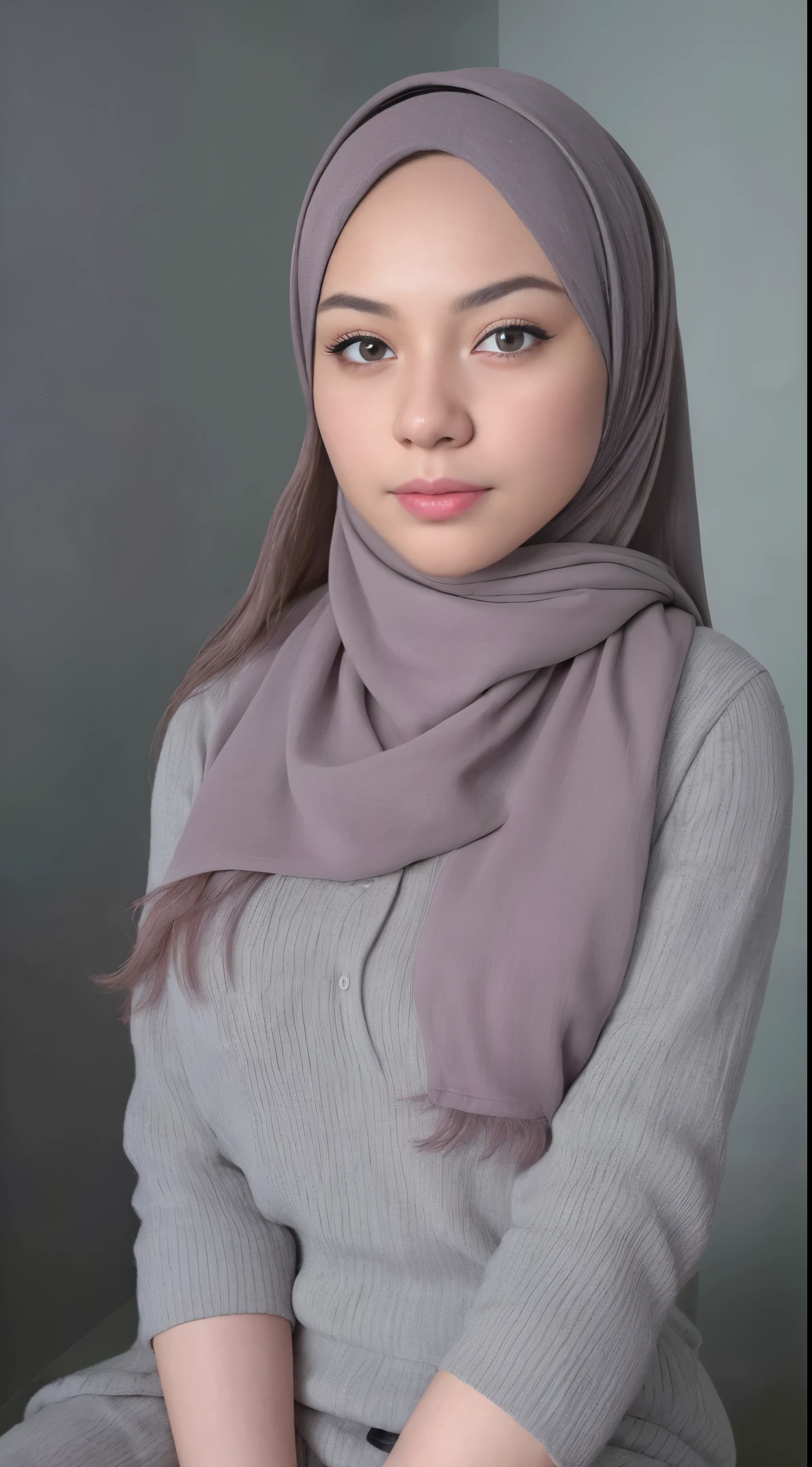 (very cute girl) , like mira filzah face, (raw photo:1.2), (()), (photorealistic:1.4), russia mix korea hyper white skin, realistic skin texture, pale skin, very detailed eyes and face, beautiful detailed eyes, turkish nose, super detailed, high resolution, very detailed, masterpiece,unified, 48k wallpaper, amazing, Fine details, masterpiece, best quality, ((Tight F cup breasts size)), straight long hair, (extra long hair : 1.5), dark brown hair, elegant hair style, light on face, cinematic lighting, 1girl, perfect body, slim abs, skinny, ((1 malay girl , beautiful face)), hyper realistic bright lighting, realistic shadow, ((wearing a twisted pajamas, purple color pajamas)), ((perfectly composition)), dynamic poses, dynamic shot angle, (All grey background)