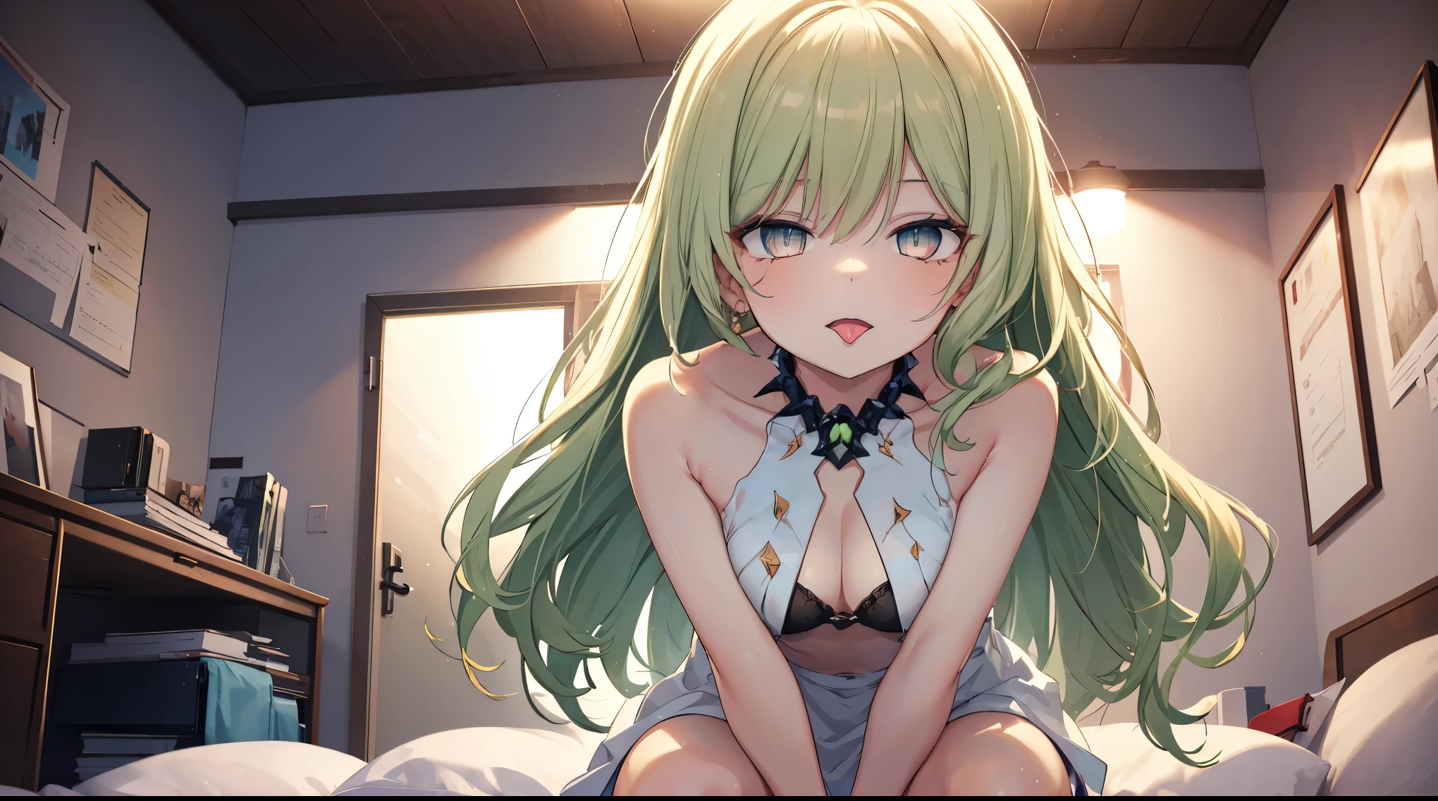 1 girl，Best quality, tmasterpiece, Long green hair, beautiful,detailed eyes, HD, extremely detailed, Visually inspect the audience, open mouth, (green eyes:1.3), (solo:1.1), Mouth sticking out tongue，The face is slightly red，is shy，full bodyesbian，adorable，Lori small breasts cleavage，white dresses，(sitting on his knees on the bed:1.4),