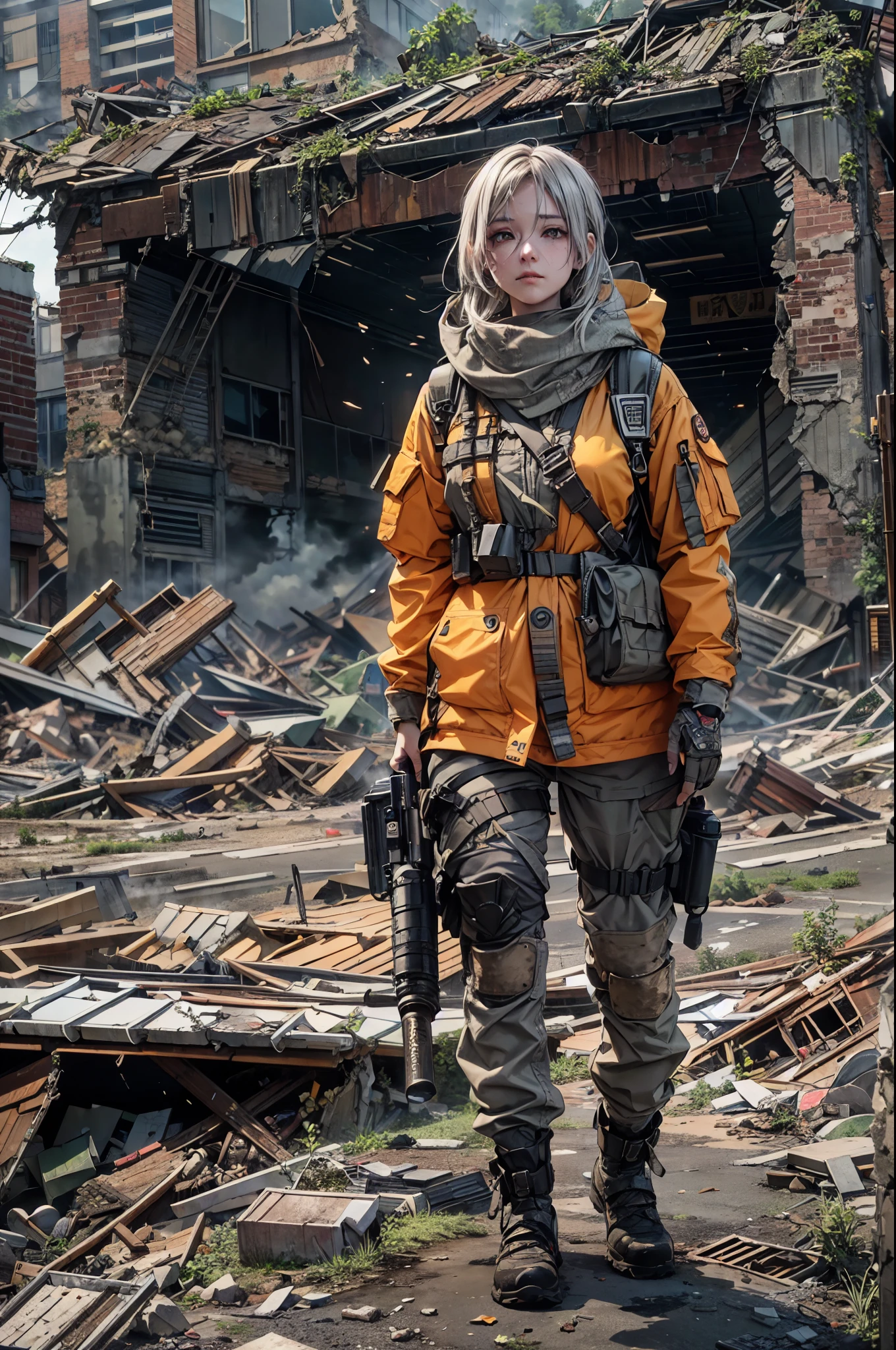 Focus on the body and face,masterpiece, best quality, high resolution, rich details, 8k, extreme light and shadow, image of a beautiful young woman wearing tactical gear, holding a AK47 with two hand, walking down a desolated street in a collapsed city, post apocalypse, smoke and fog in the air, BREAK yellow gray sky covered with toxic cloud, collapsed building, broken street, tall body, detailed face, detailed eye, cold face, dirty, (post apocalypse theme),