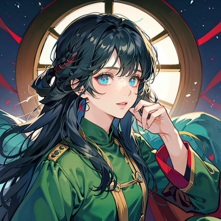 A girl with long black hair wearing a red and green military uniform,Blue inner color for hair,Has bangs,Eyes are blue,Glowing blue eyes,red military uniform with green cape,Beauty,A slight smil